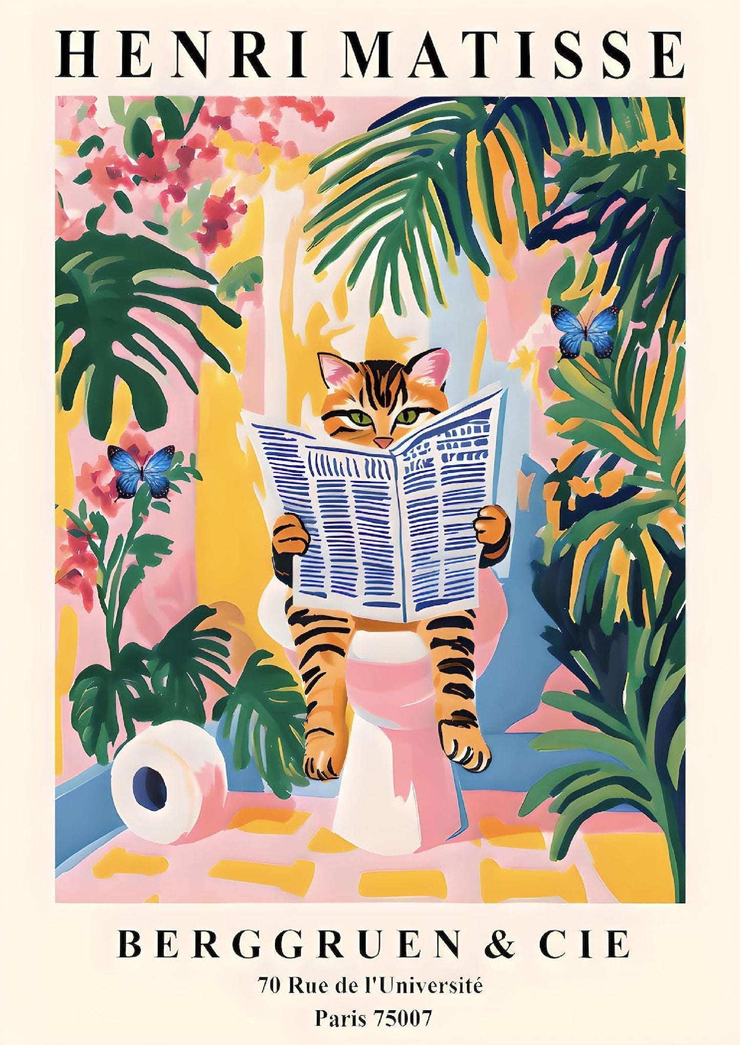 Funny Tabby Cat Toilet Art Print, Matisse Style Bathroom Wall Decor, Butterfly Love, Pink Dopamine Mid Century Modern Illustration