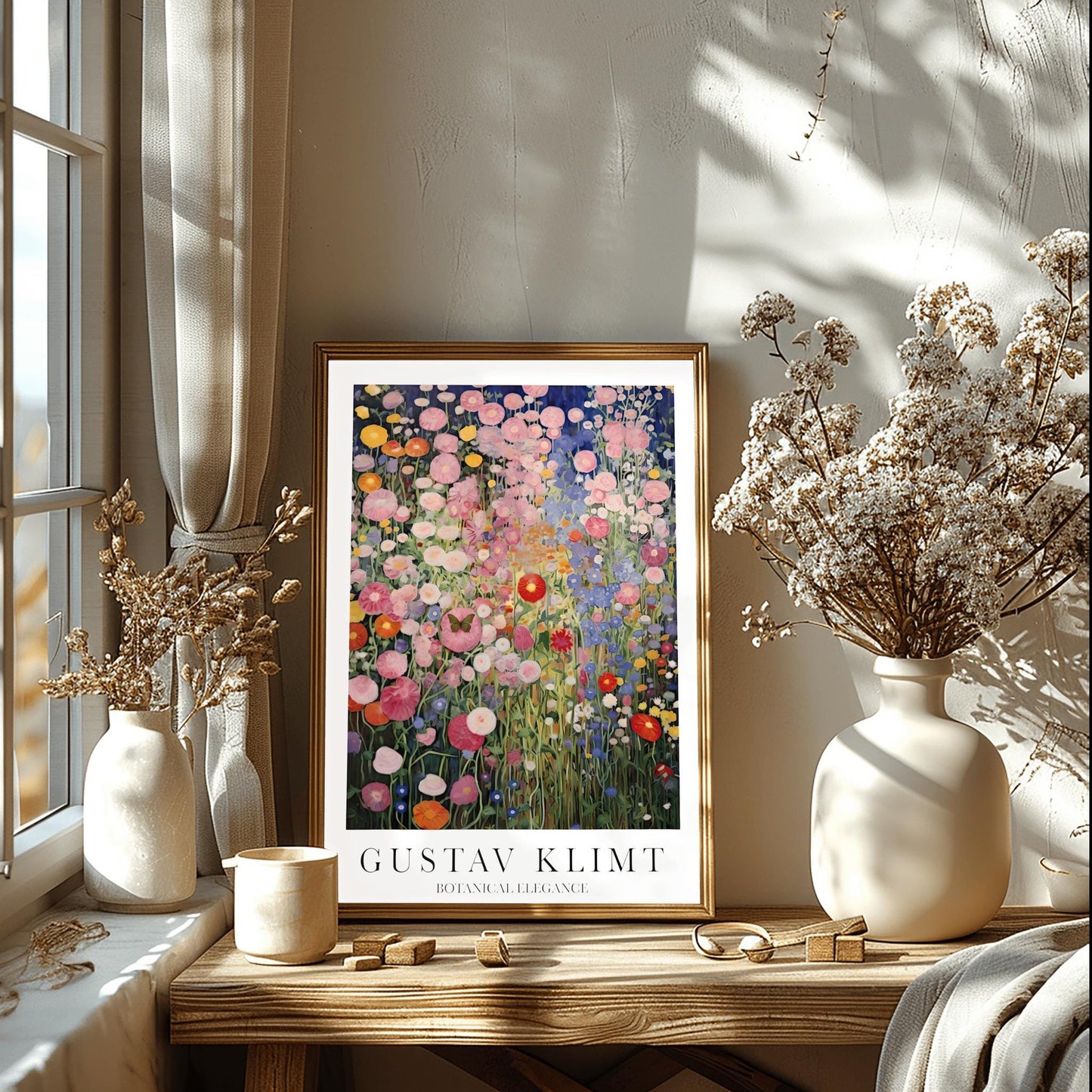Gustav Klimt Print Flower Garden Poster - Klimt Museum & Exhibition Art, Single Butterfly Painting Wall Decor, Vibrant Meadow, Garden Poster