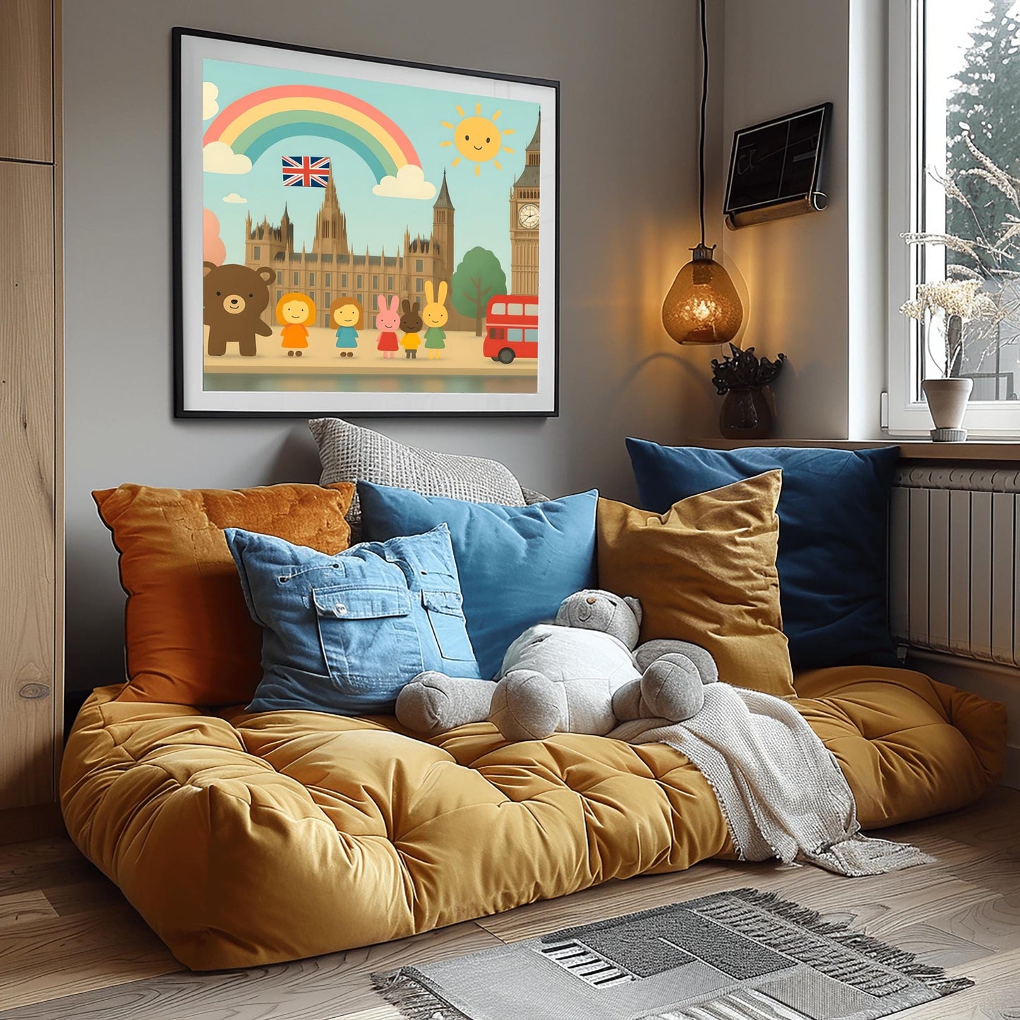 London Kids Art Poster, Big Ben Nursery Wall Decor, Cute Travel Print, British Flag Art, Playroom Decor, Double Decker Bus