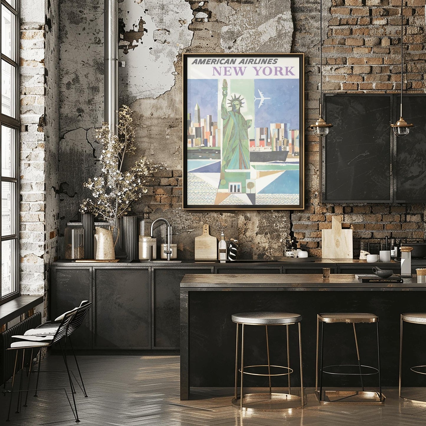 Vintage American Airlines NYC Poster | Abstract Statue of Liberty Print | New York City Wall Art | Aviation Travel | Mid-Century Airline Art