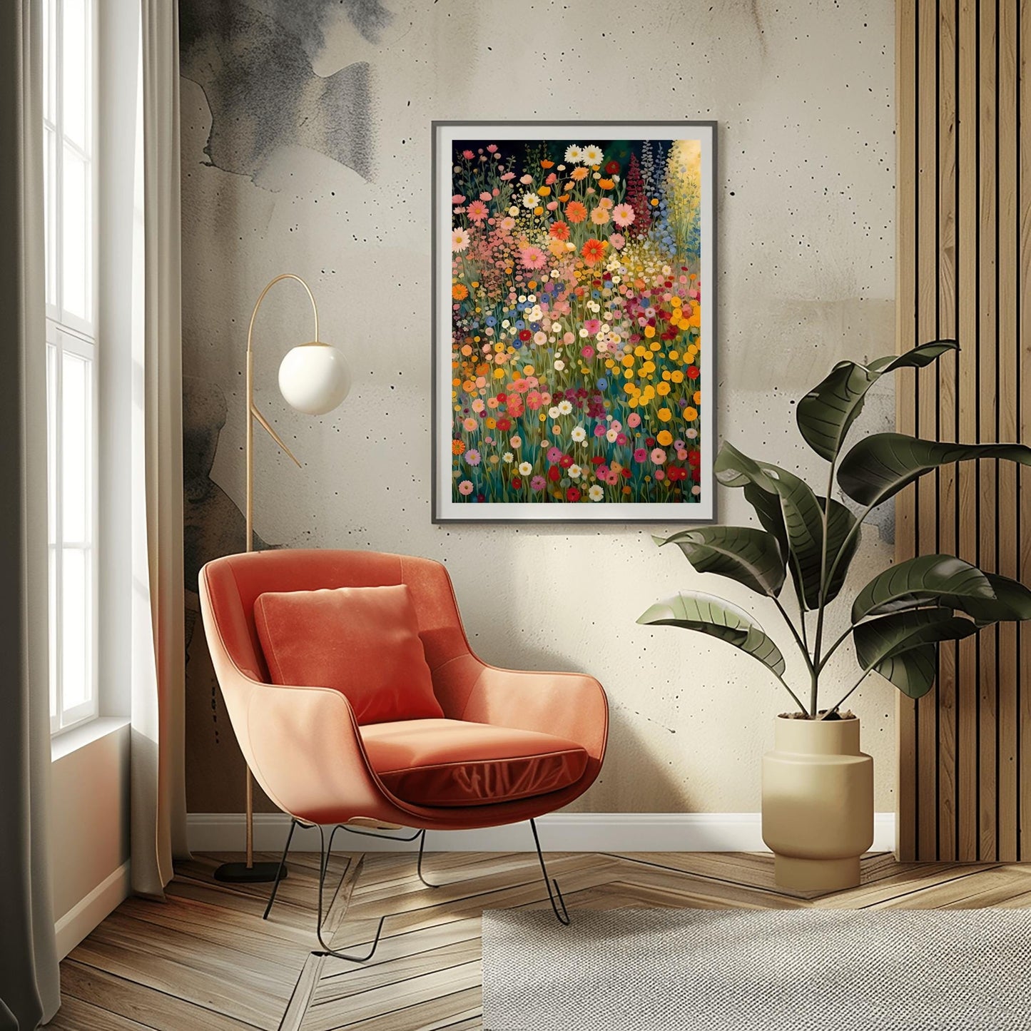 Gustav Klimt Inspired Wildflower Canvas Wall Art – Floral Landscape Print, Neutral Tones, Modern Botanical Decor, Trendy Gift for Art Lovers