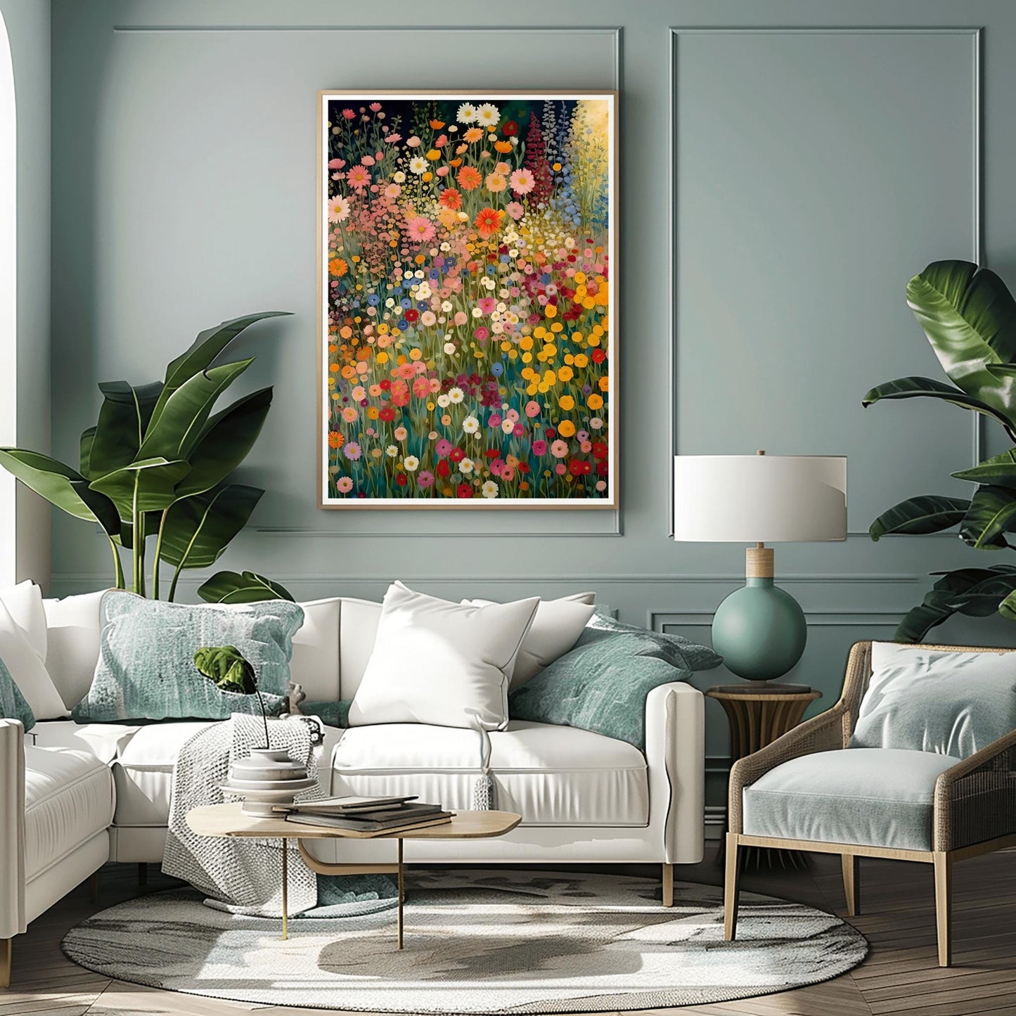 Gustav Klimt Inspired Wildflower Canvas Wall Art – Floral Landscape Print, Neutral Tones, Modern Botanical Decor, Trendy Gift for Art Lovers
