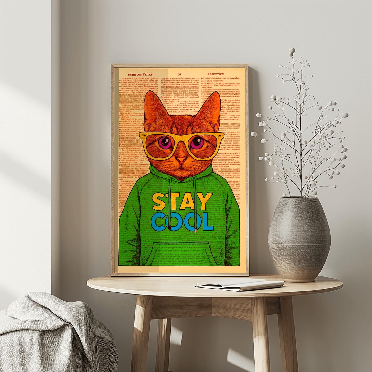 Dorm Room Cool Cat Poster, Funny 'Stay Cool' Print, Whimsical Cat in Hoodie, Retro College Student Decor, Trendy Wall Art for Teens