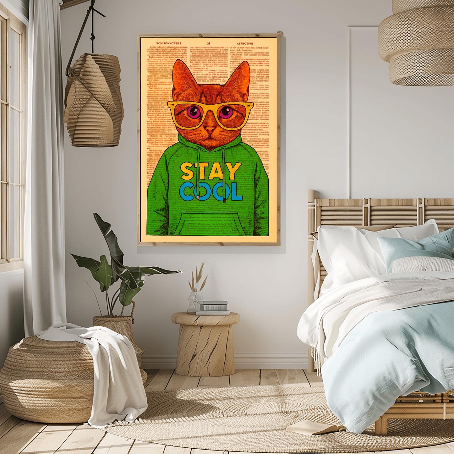 Dorm Room Cool Cat Poster, Funny 'Stay Cool' Print, Whimsical Cat in Hoodie, Retro College Student Decor, Trendy Wall Art for Teens