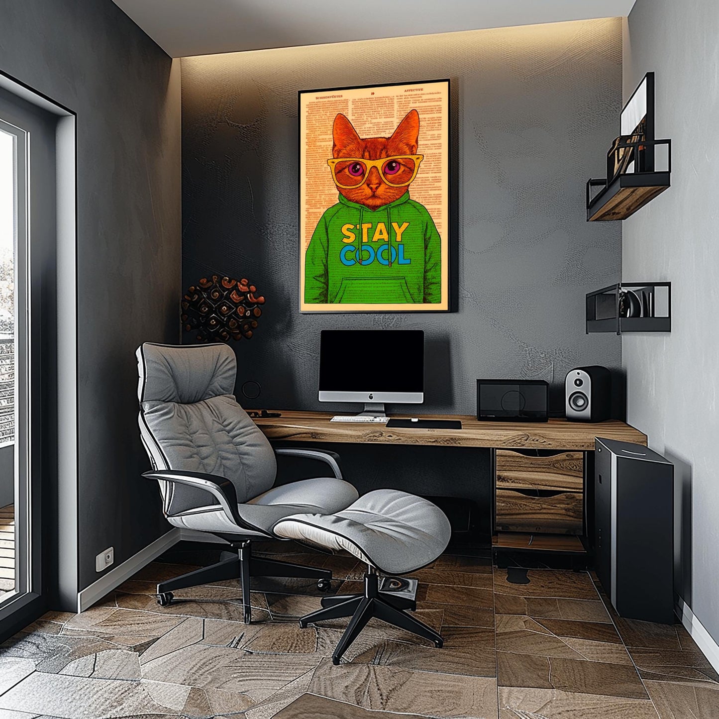 Dorm Room Cool Cat Poster, Funny 'Stay Cool' Print, Whimsical Cat in Hoodie, Retro College Student Decor, Trendy Wall Art for Teens