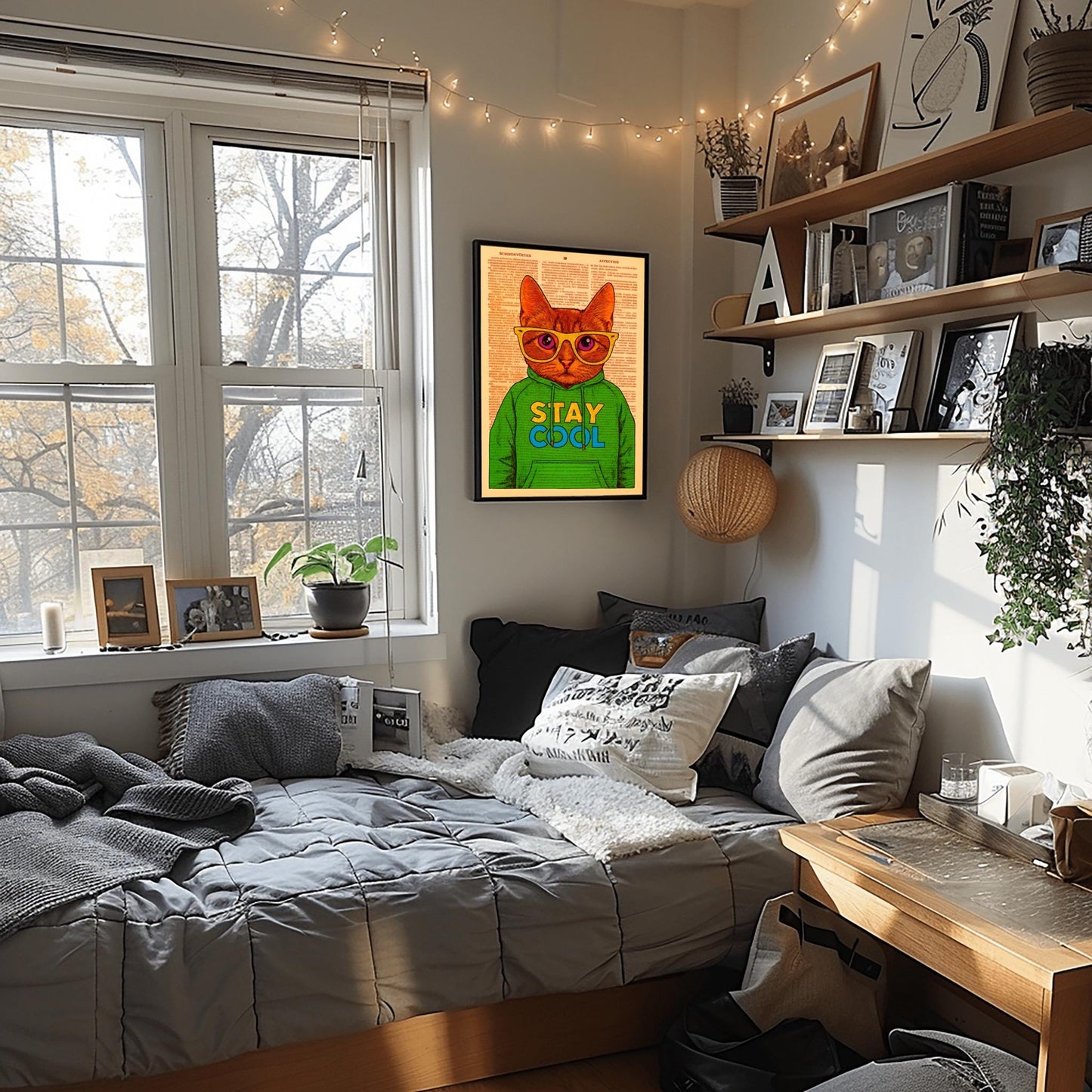 Dorm Room Cool Cat Poster, Funny 'Stay Cool' Print, Whimsical Cat in Hoodie, Retro College Student Decor, Trendy Wall Art for Teens