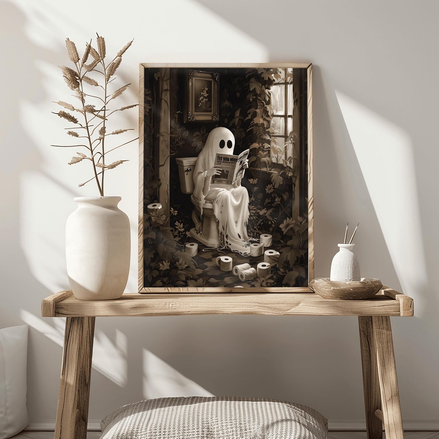 Funny Ghost Bathroom Print | Spooky Toilet Art | Quirky Halloween Decor | Overgrown Restroom Illustration Victorian Gothic Art Creepy Humor