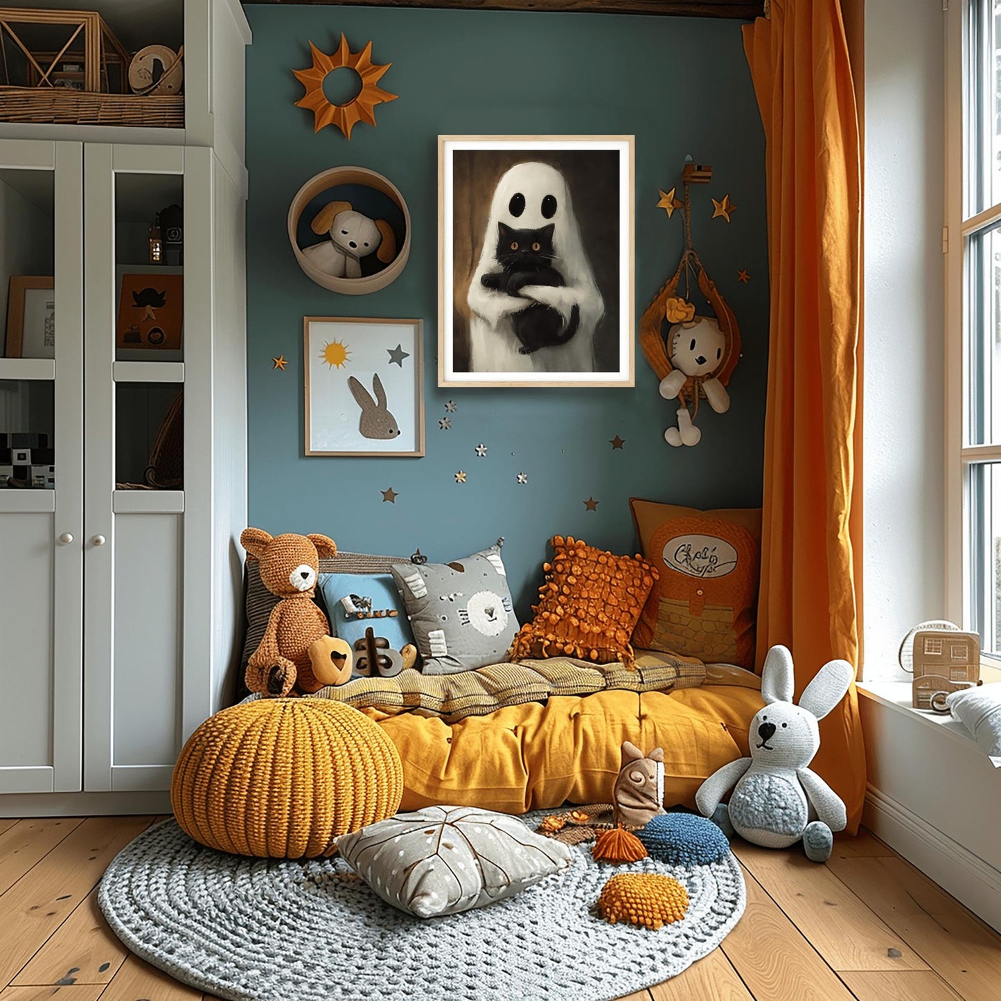 Cute Ghost & Black Cat Print | Whimsical Halloween Art | Friendly Spirit Poster | Spooky Pet Lover Gift | Cozy October Decor | Fall Wall Art
