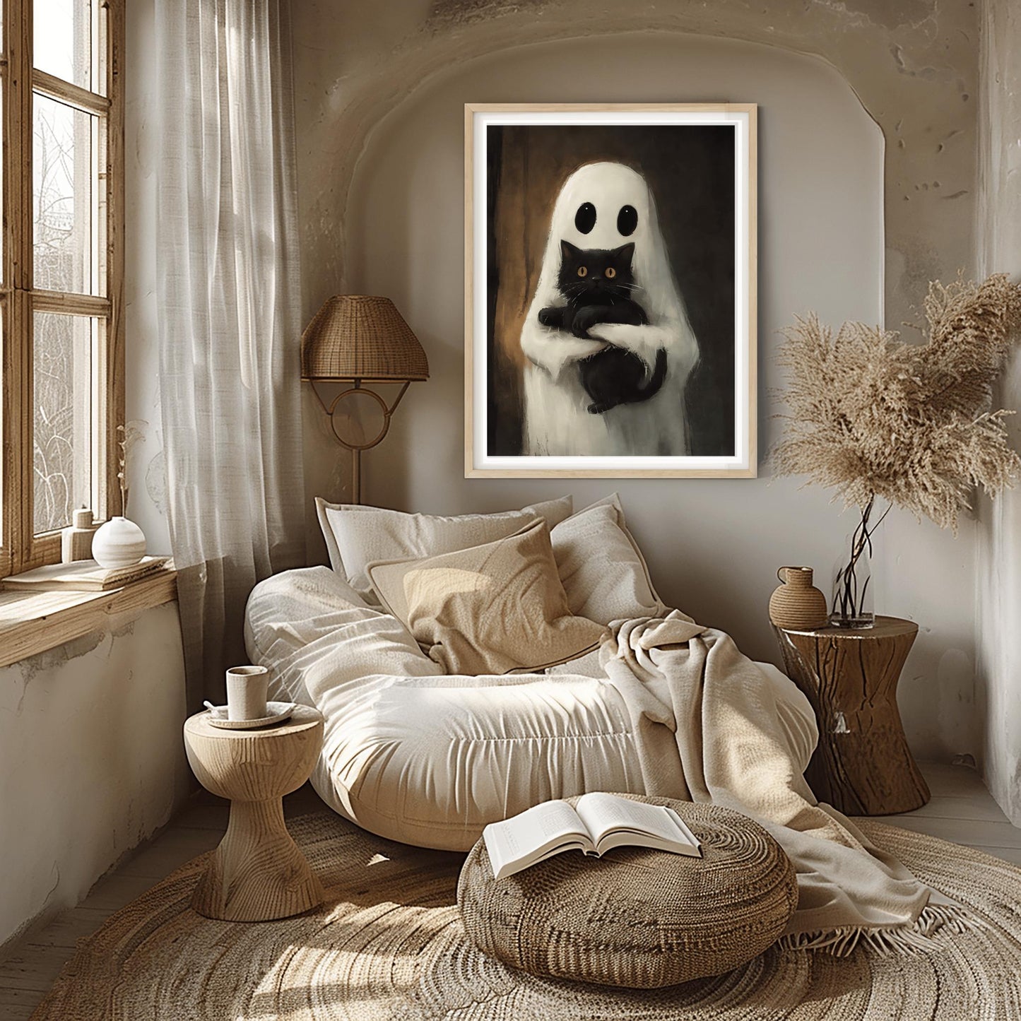 Cute Ghost & Black Cat Print | Whimsical Halloween Art | Friendly Spirit Poster | Spooky Pet Lover Gift | Cozy October Decor | Fall Wall Art