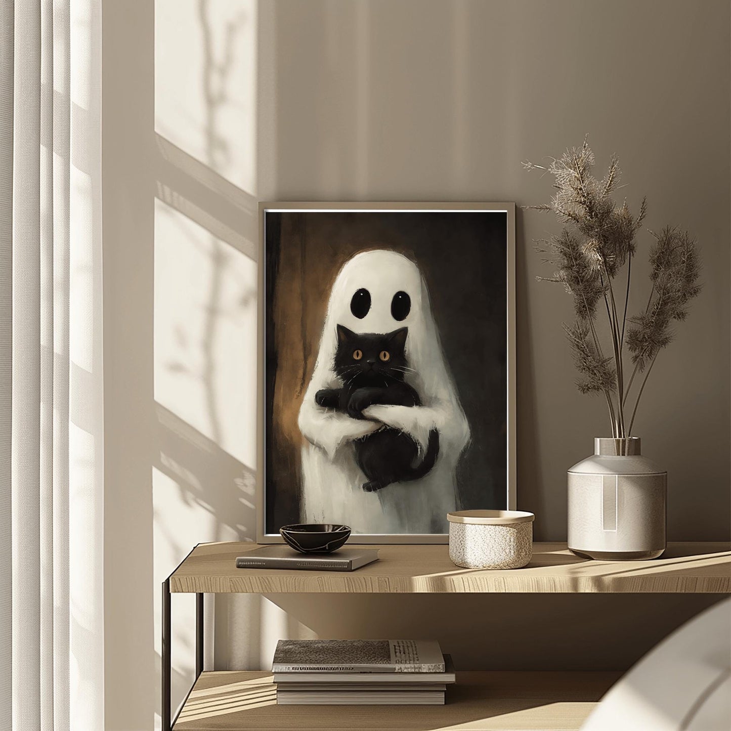 Cute Ghost & Black Cat Print | Whimsical Halloween Art | Friendly Spirit Poster | Spooky Pet Lover Gift | Cozy October Decor | Fall Wall Art