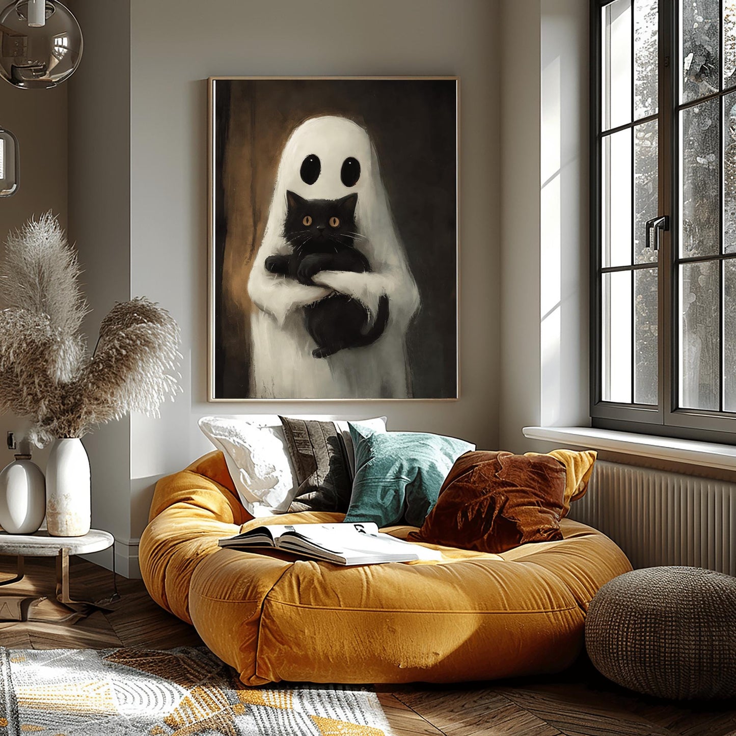 Cute Ghost & Black Cat Print | Whimsical Halloween Art | Friendly Spirit Poster | Spooky Pet Lover Gift | Cozy October Decor | Fall Wall Art