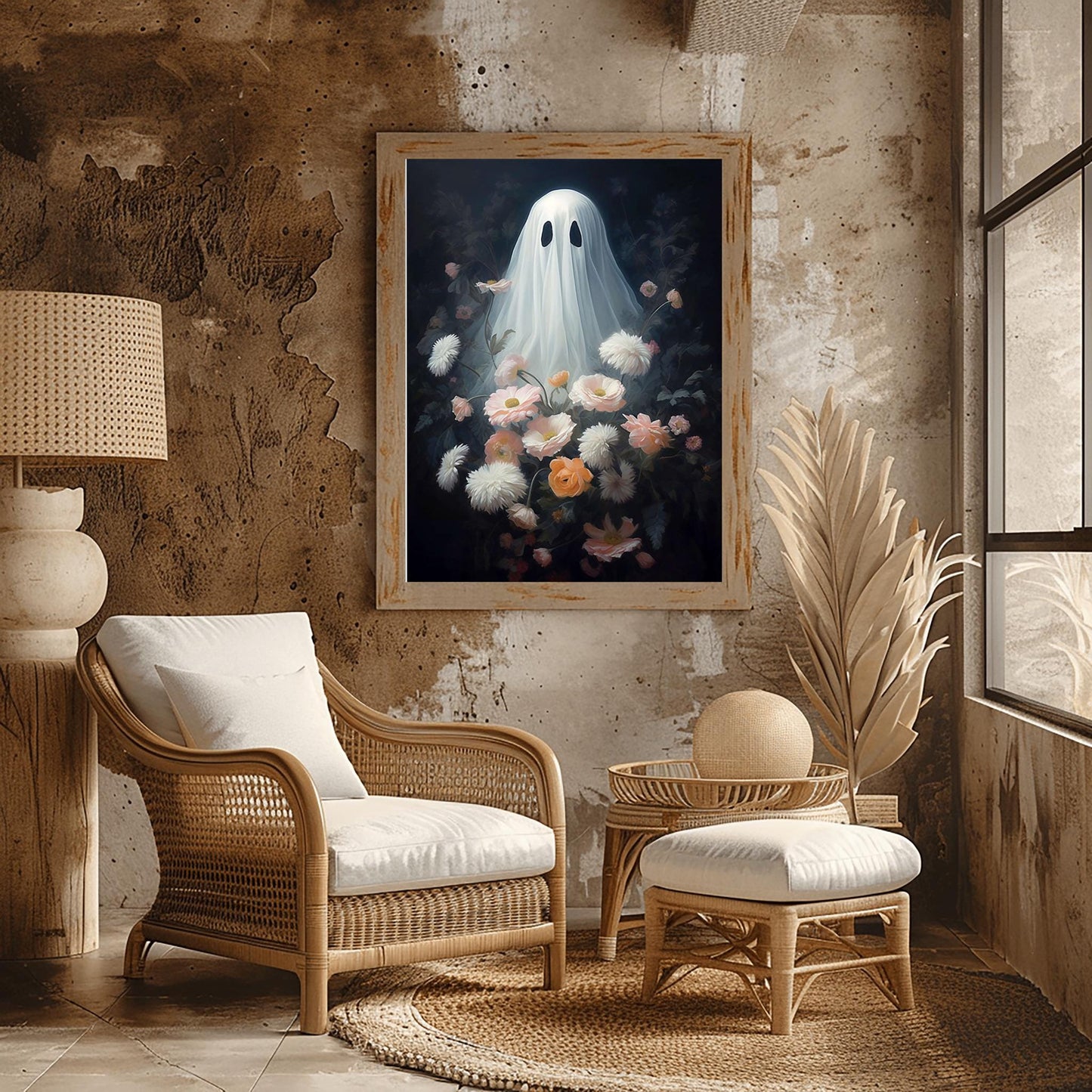 Ghost Print Surreal Floral Art | Dark Botanical Halloween Decor | Whimsical Gothic Wall Art | Unique Spooky Gift