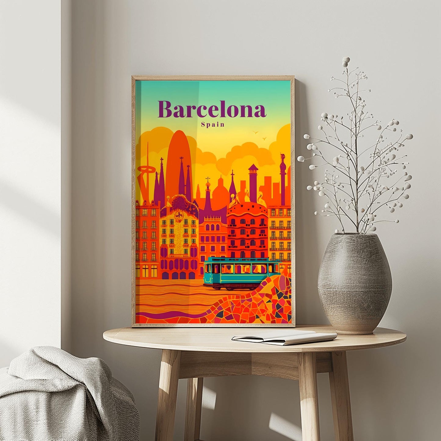 Barcelona Poster Gaudi Art Print, Retro Spain Cityscape Decor, Vibrant Travel Wall Art, Barcelona Souvenir Gift