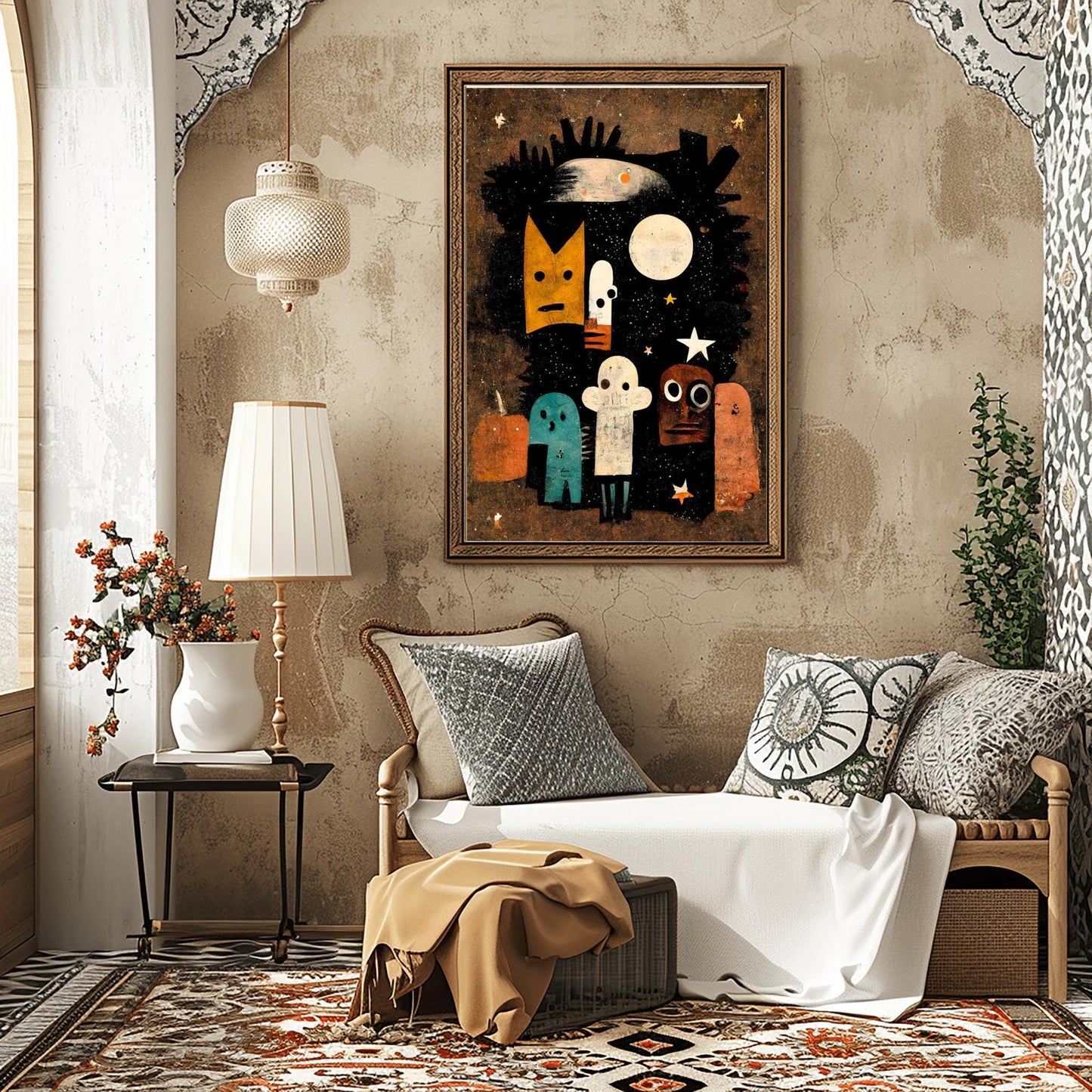 Whimsical Abstract Halloween Spirits Print | Quirky Starry Night Art | Modern Spooky Decor | Colorful Character Poster | Unique Halloween