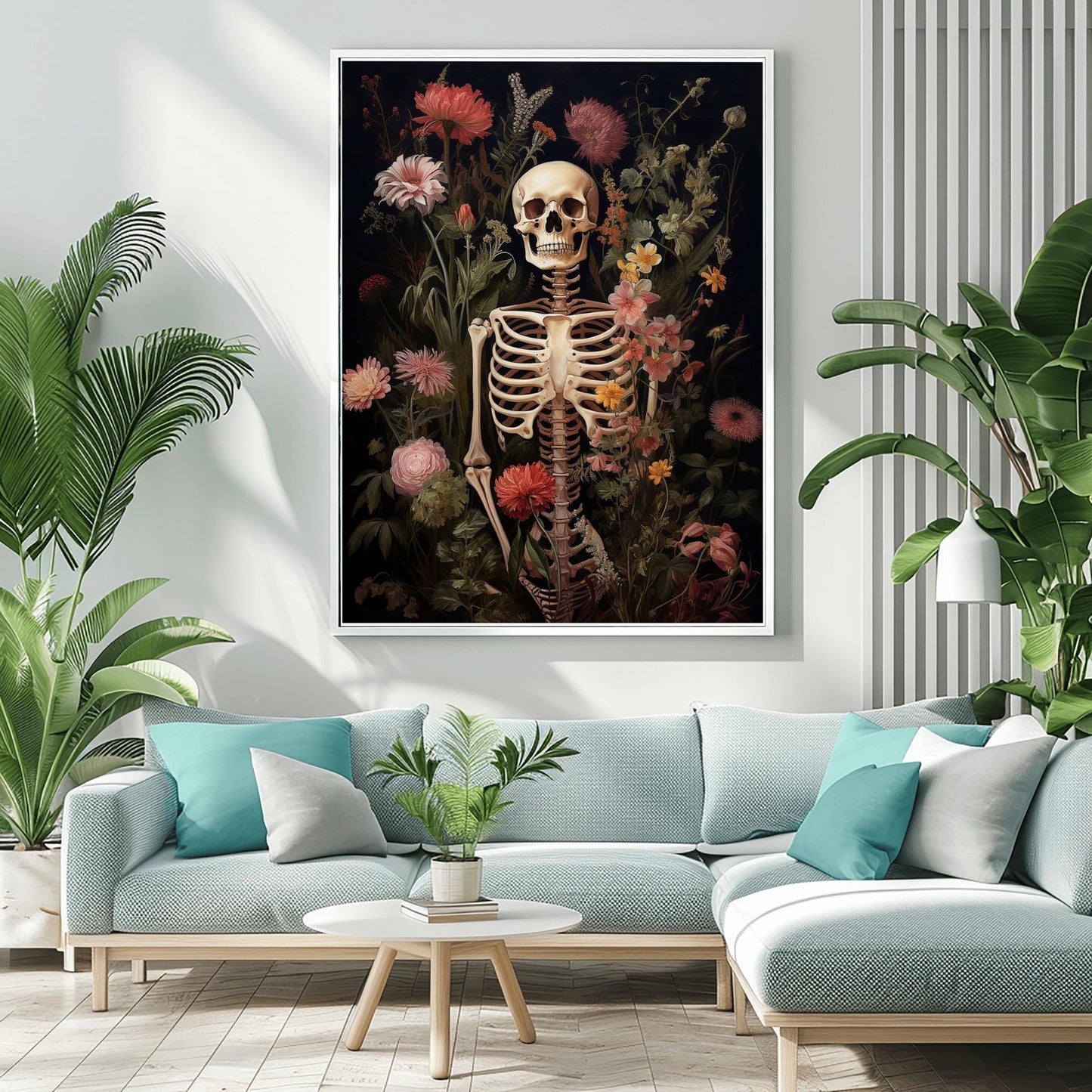 Gothic Skeleton & Flowers Print | Botanical Macabre Wall Art | Halloween Floral Decor | Dark Academia Poster Unique Spooky Art Death Bloom