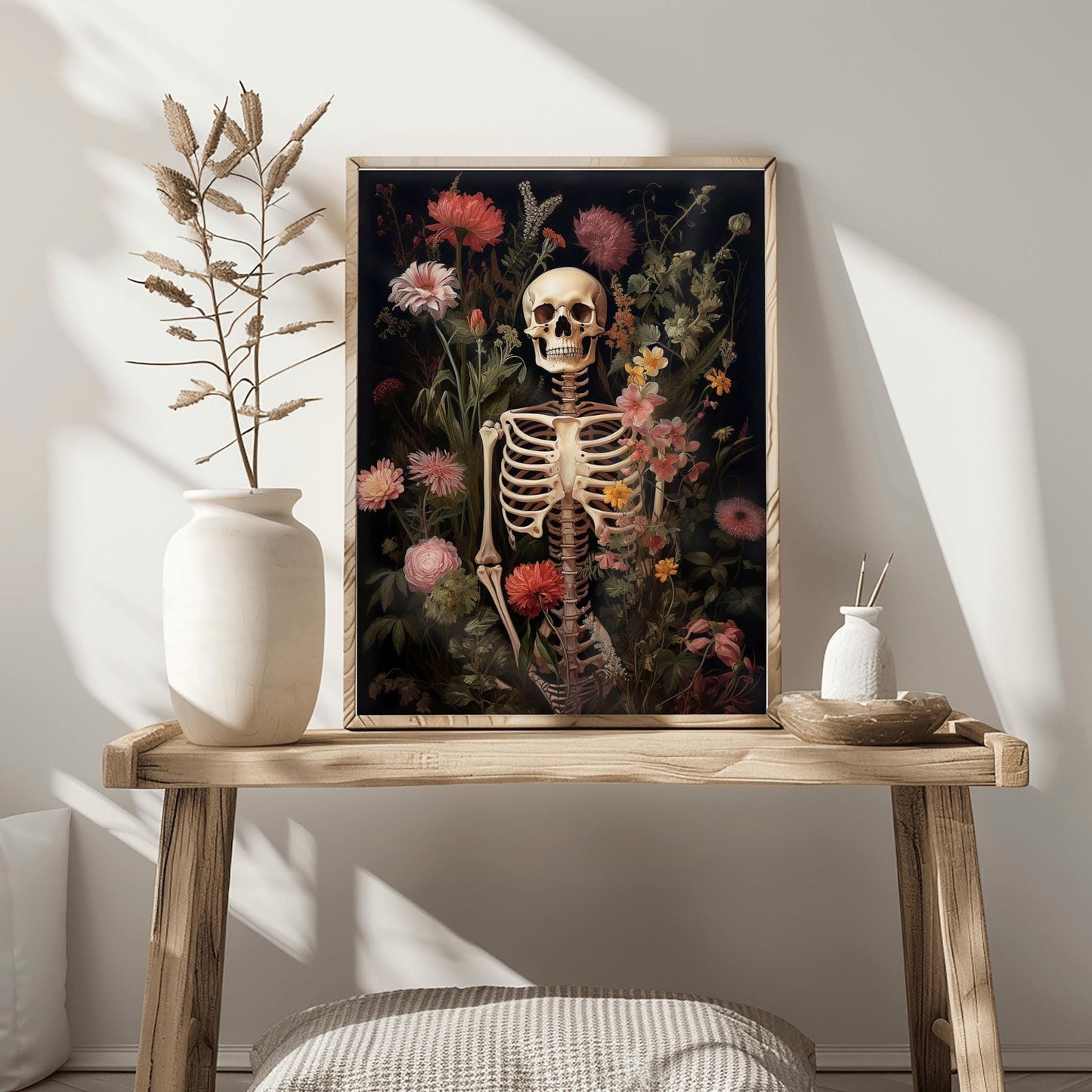 Gothic Skeleton & Flowers Print | Botanical Macabre Wall Art | Halloween Floral Decor | Dark Academia Poster Unique Spooky Art Death Bloom