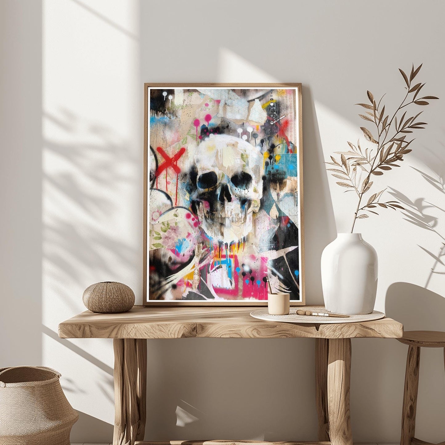 Grungy Skull & Floral Print Halloween Poster | Abstract Street Art Decor | Gothic Botanical Wall Art | Unique Mixed Media Urban Macabre