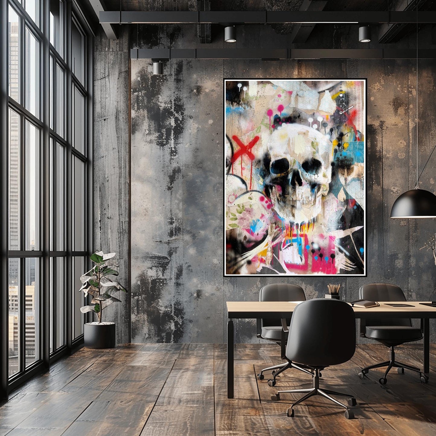 Grungy Skull & Floral Print Halloween Poster | Abstract Street Art Decor | Gothic Botanical Wall Art | Unique Mixed Media Urban Macabre