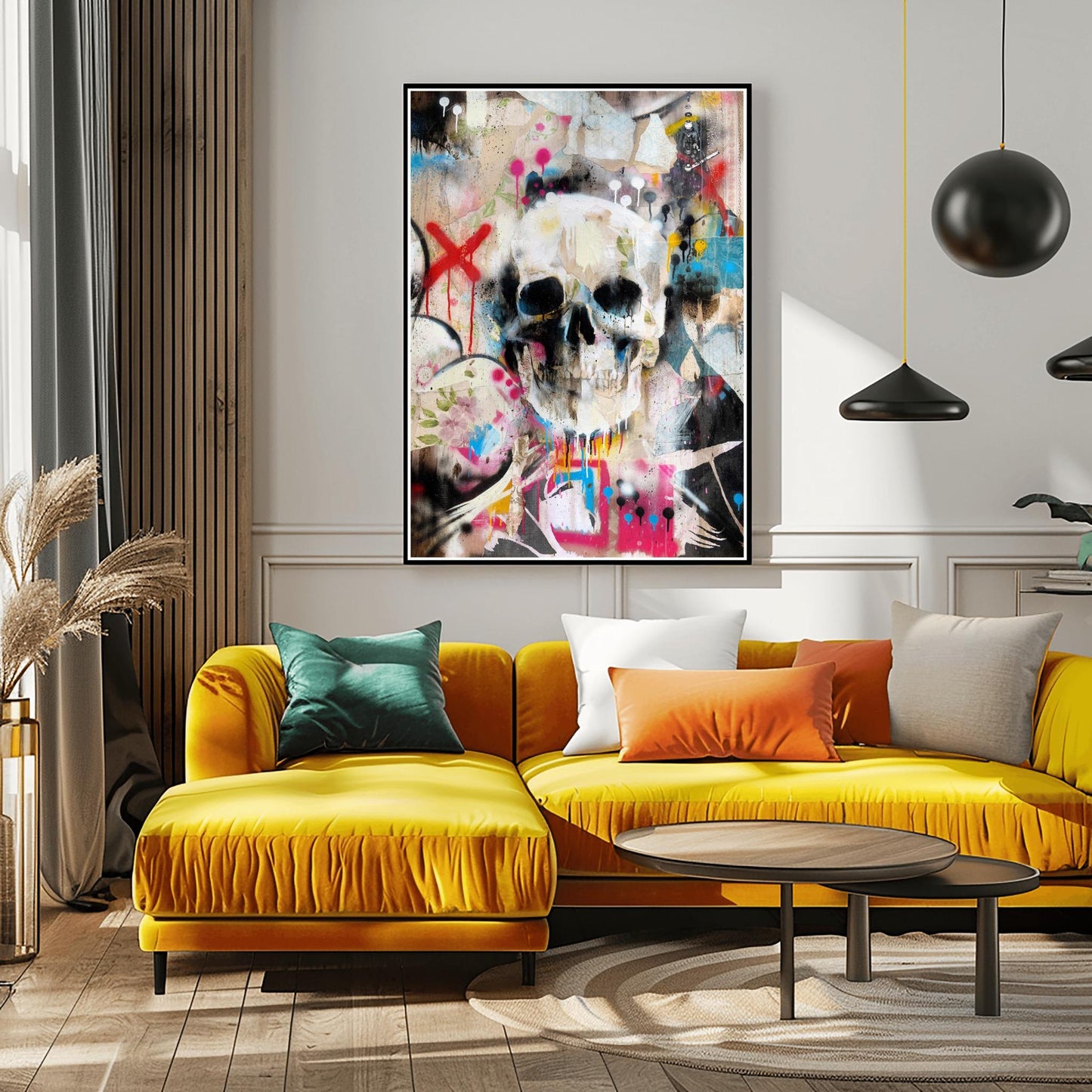 Grungy Skull & Floral Print Halloween Poster | Abstract Street Art Decor | Gothic Botanical Wall Art | Unique Mixed Media Urban Macabre