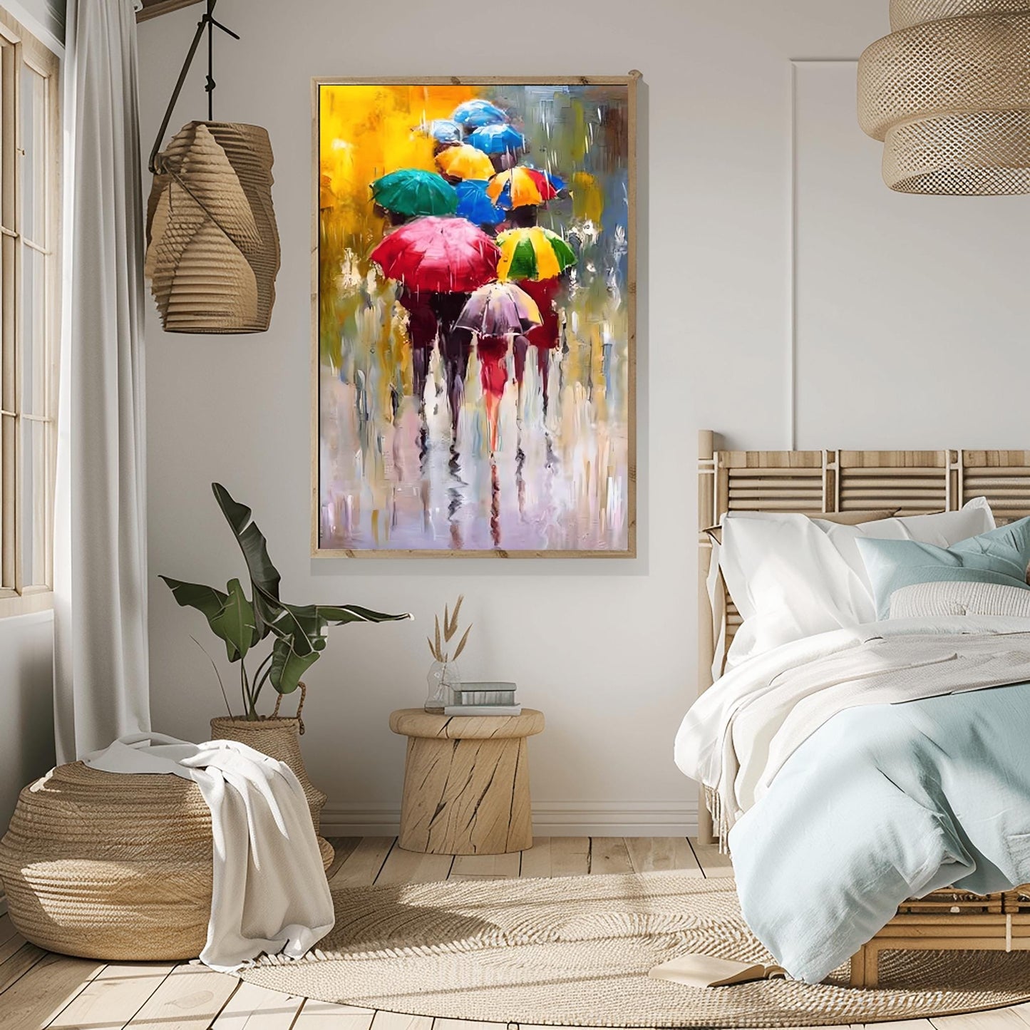 Umbrella Art Print, Colorful Rainy Day Wall Art, Vibrant Urban Scene, Modern Home Decor Gift