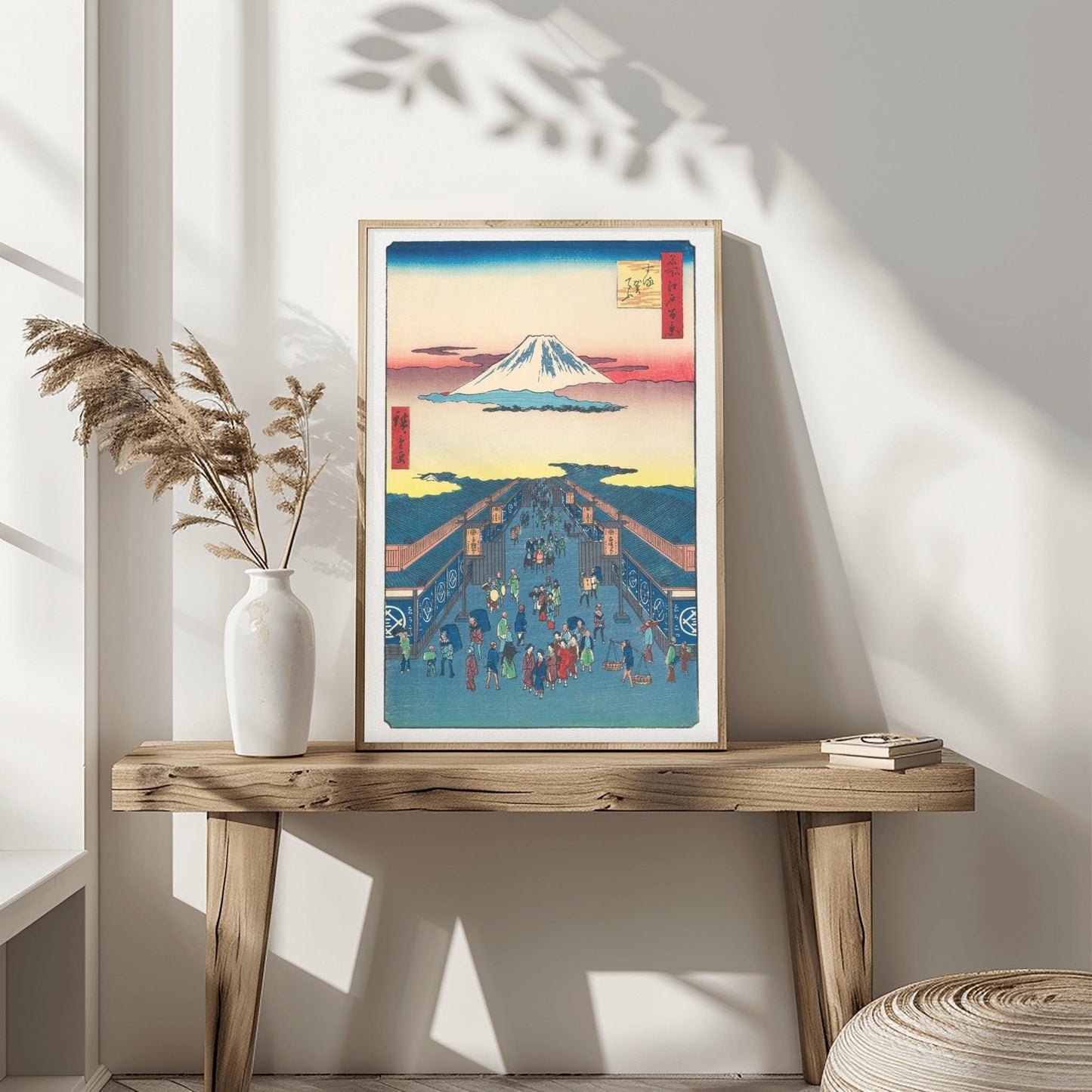 Japanese Woodblock Print Mount Fuji Art, Edo Market Scene, Ukiyo-e, Traditional Asian Decor, Vibrant Historical Poster