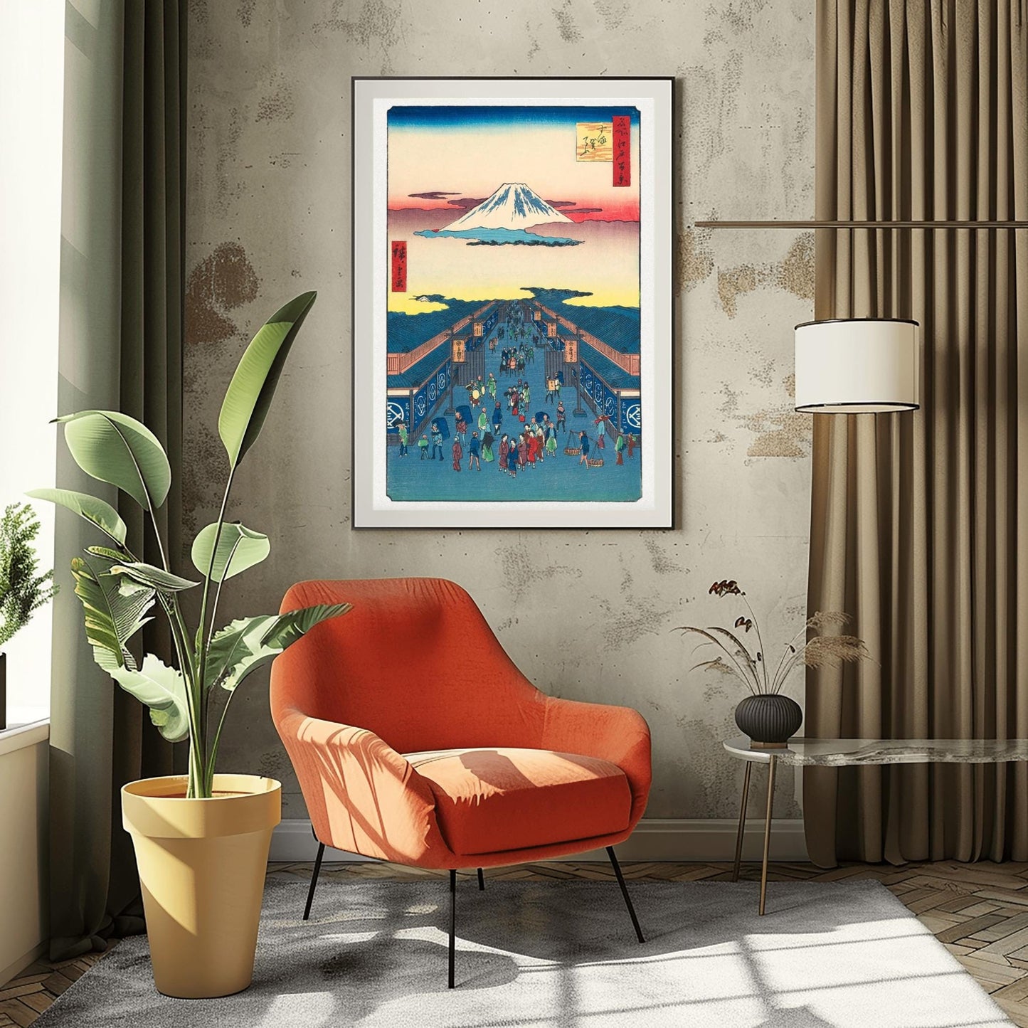 Japanese Woodblock Print Mount Fuji Art, Edo Market Scene, Ukiyo-e, Traditional Asian Decor, Vibrant Historical Poster