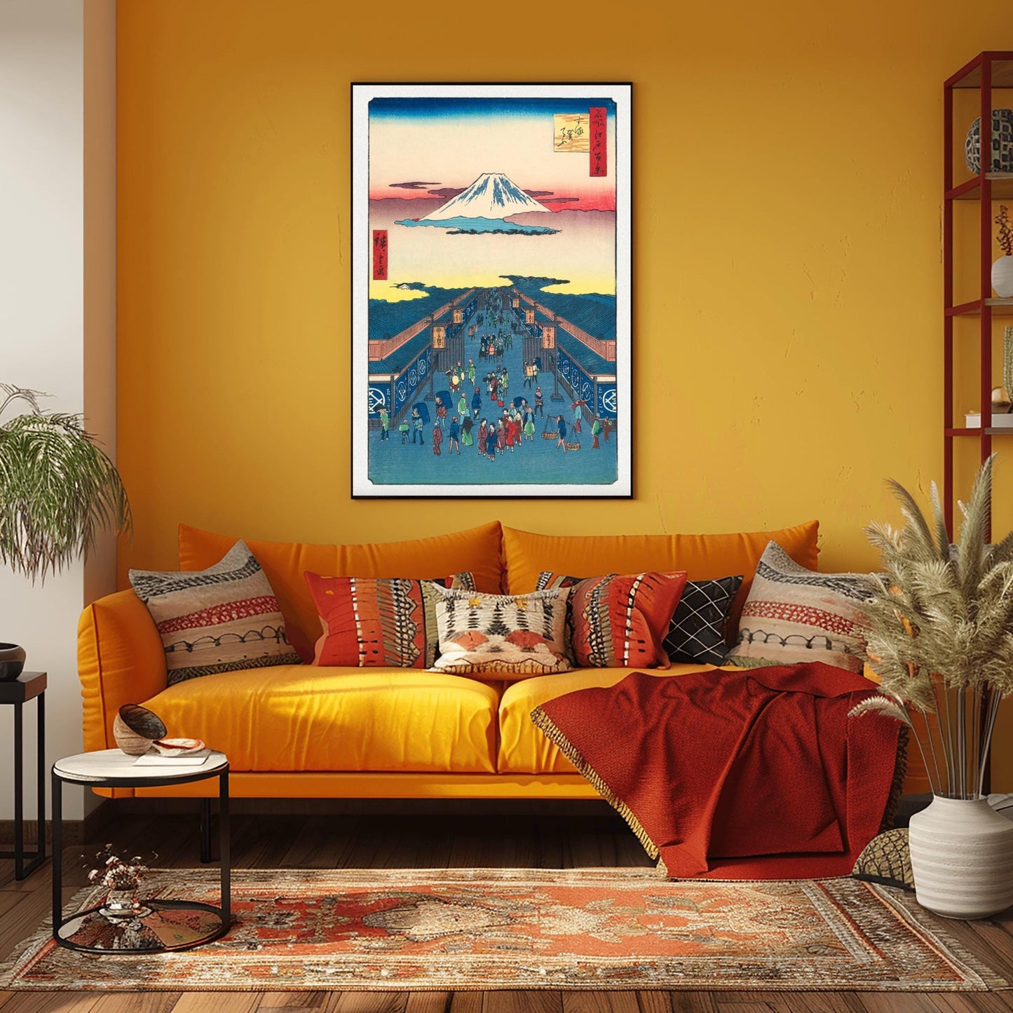Japanese Woodblock Print Mount Fuji Art, Edo Market Scene, Ukiyo-e, Traditional Asian Decor, Vibrant Historical Poster
