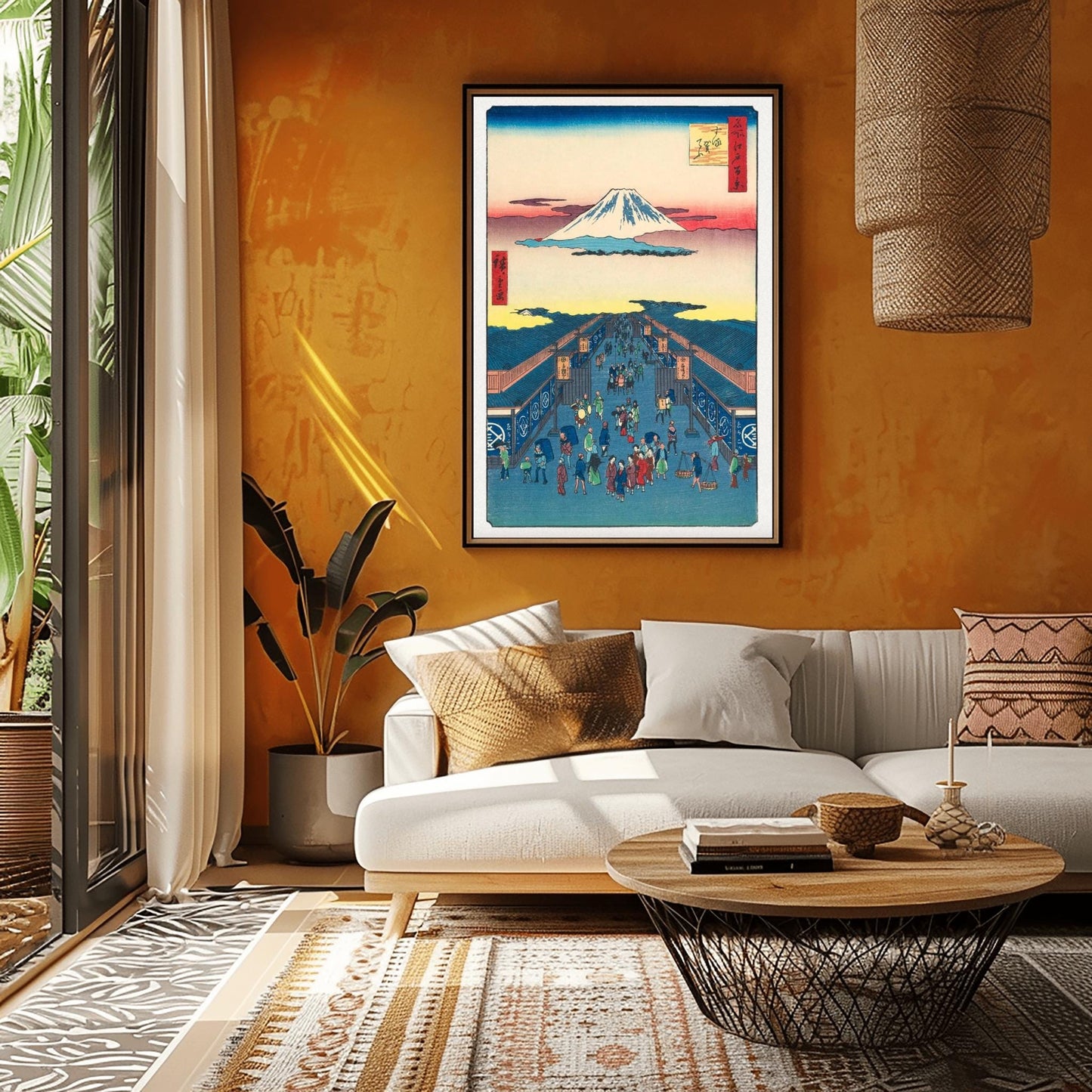 Japanese Woodblock Print Mount Fuji Art, Edo Market Scene, Ukiyo-e, Traditional Asian Decor, Vibrant Historical Poster