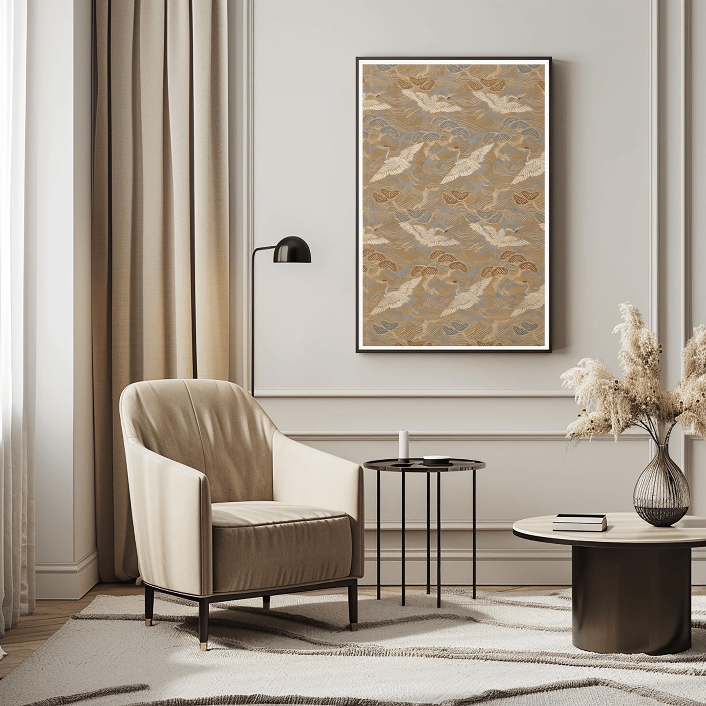 Traditional Japanese Crane & Pine Tree Textile Print | Elegant Wave Pattern Fabric Art | Asian Decor Wall Art | Nature Motif Home Decor