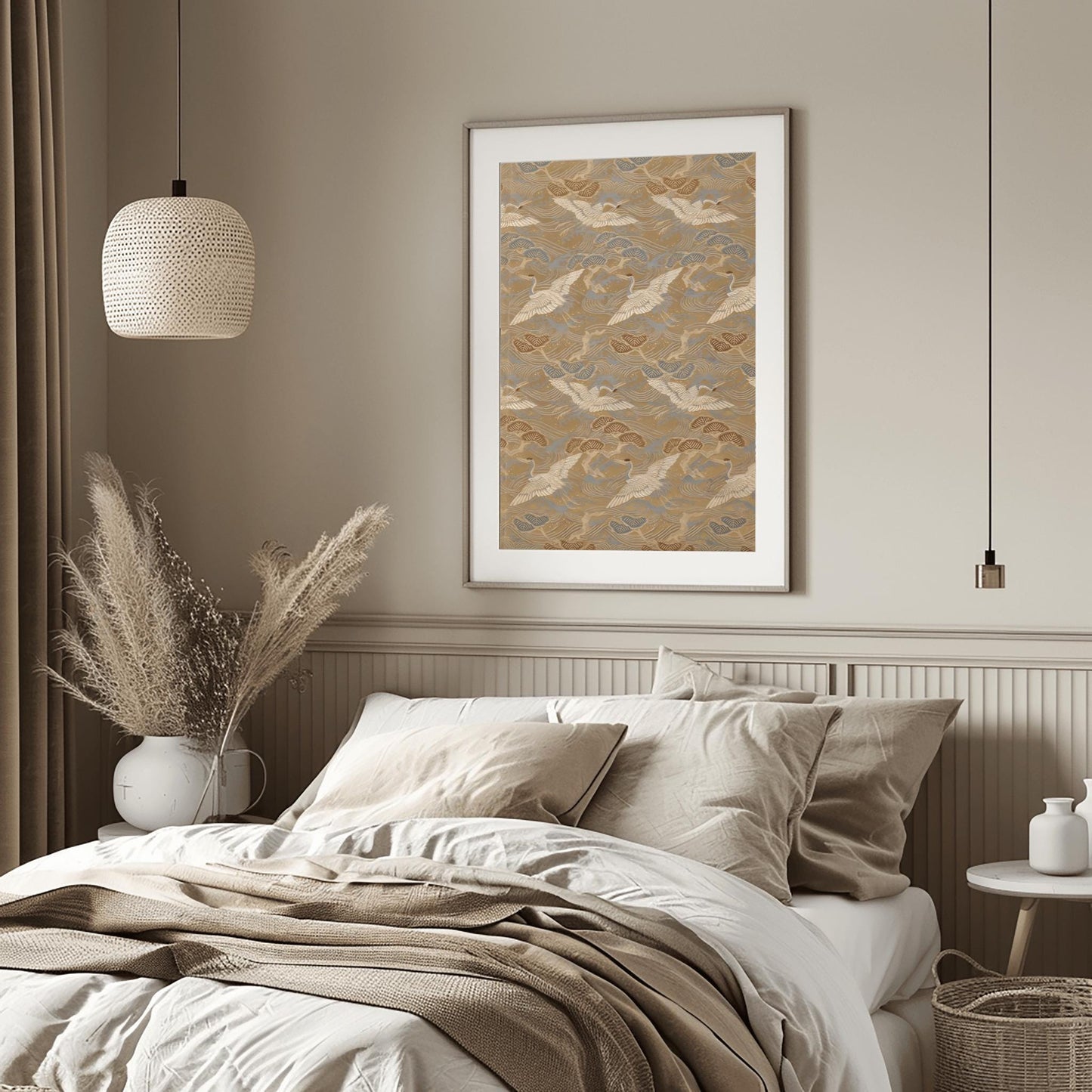 Traditional Japanese Crane & Pine Tree Textile Print | Elegant Wave Pattern Fabric Art | Asian Decor Wall Art | Nature Motif Home Decor