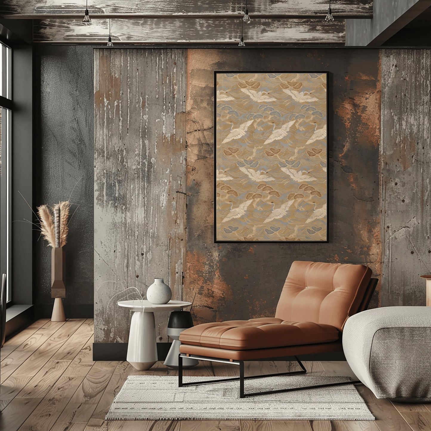 Traditional Japanese Crane & Pine Tree Textile Print | Elegant Wave Pattern Fabric Art | Asian Decor Wall Art | Nature Motif Home Decor