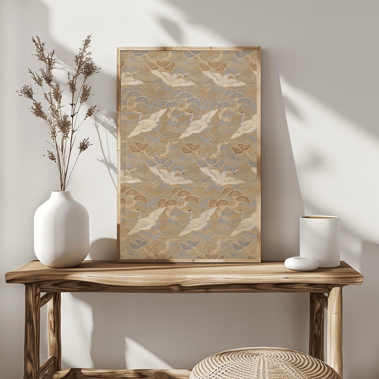 Traditional Japanese Crane & Pine Tree Textile Print | Elegant Wave Pattern Fabric Art | Asian Decor Wall Art | Nature Motif Home Decor