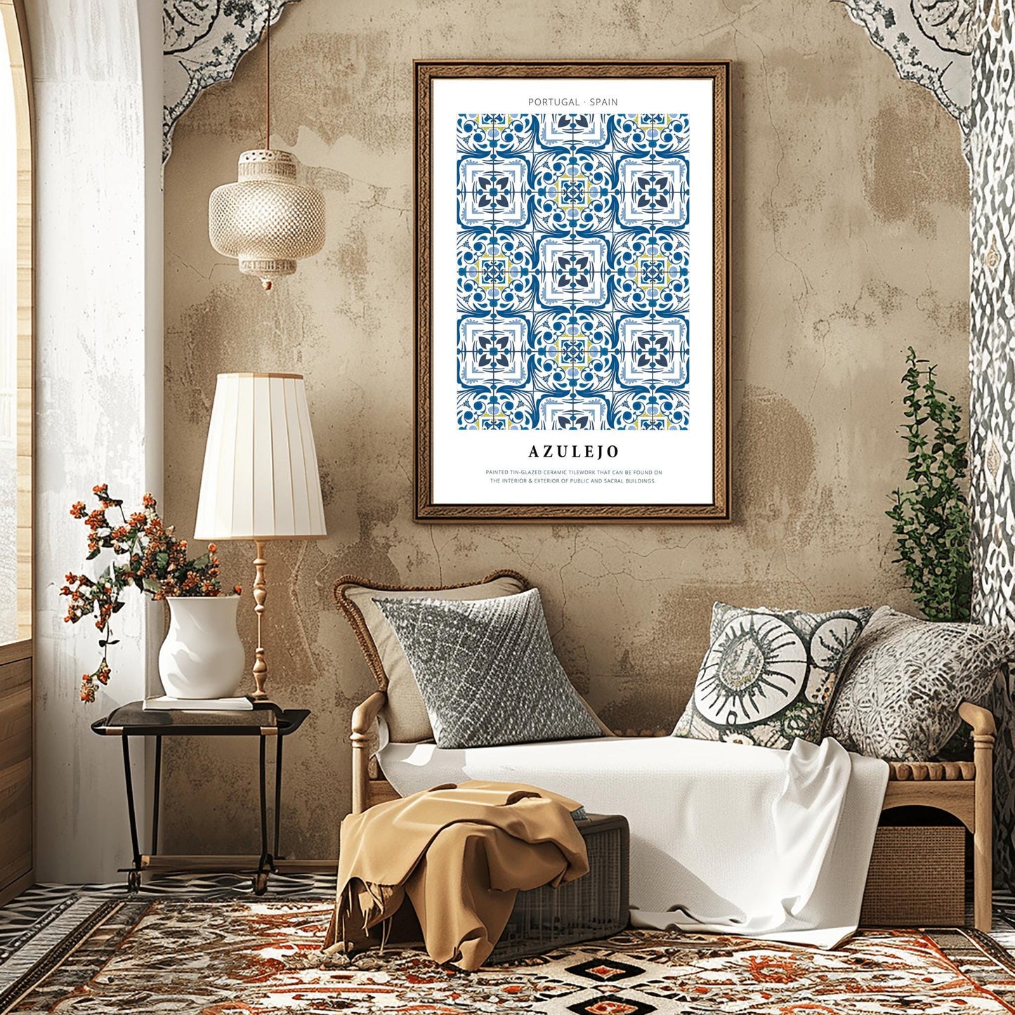Azulejo Tilework Poster, Portuguese Tile Print, Blue and White Spanish Decor, Traditional Tile Art, Mediterranean Decor Pattern Wall Art