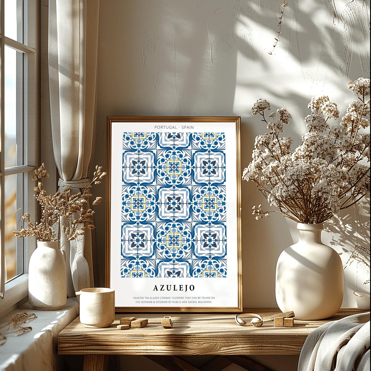 Azulejo Tilework Poster, Portuguese Tile Print, Blue and White Spanish Decor, Traditional Tile Art, Mediterranean Decor Pattern Wall Art