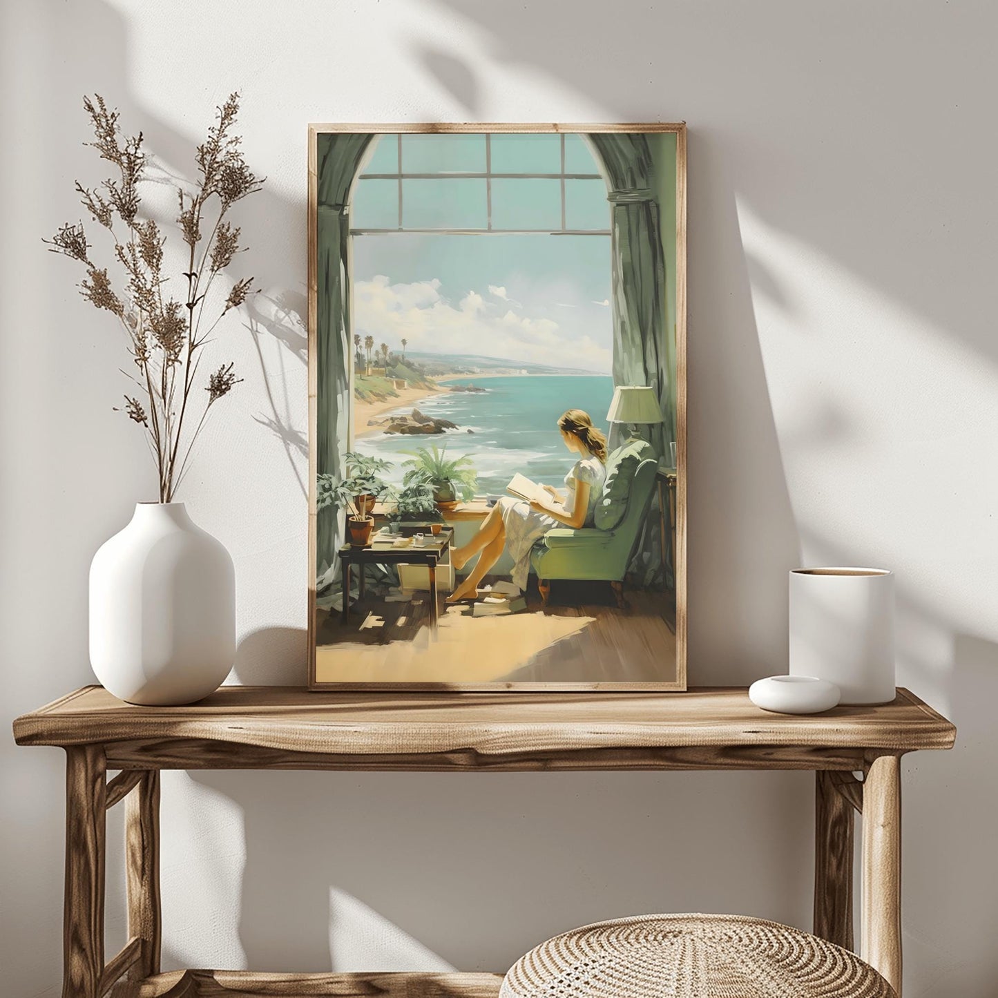 Edward Hopper Style Art Print, Woman Reading Poster, Cozy Coastal Retreat, Serene Contemplation Art, Reading Nook Wall Decor, Beach House