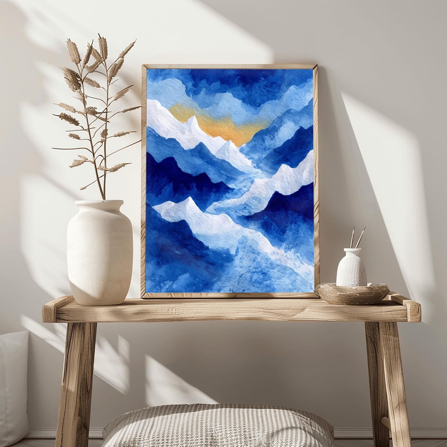 Watercolor Mountain Print, Snowy Landscape Poster, Serene Blue Mountain Art, Nature Wall Decor, Abstract Winter Landscape Rustic Cabin Print