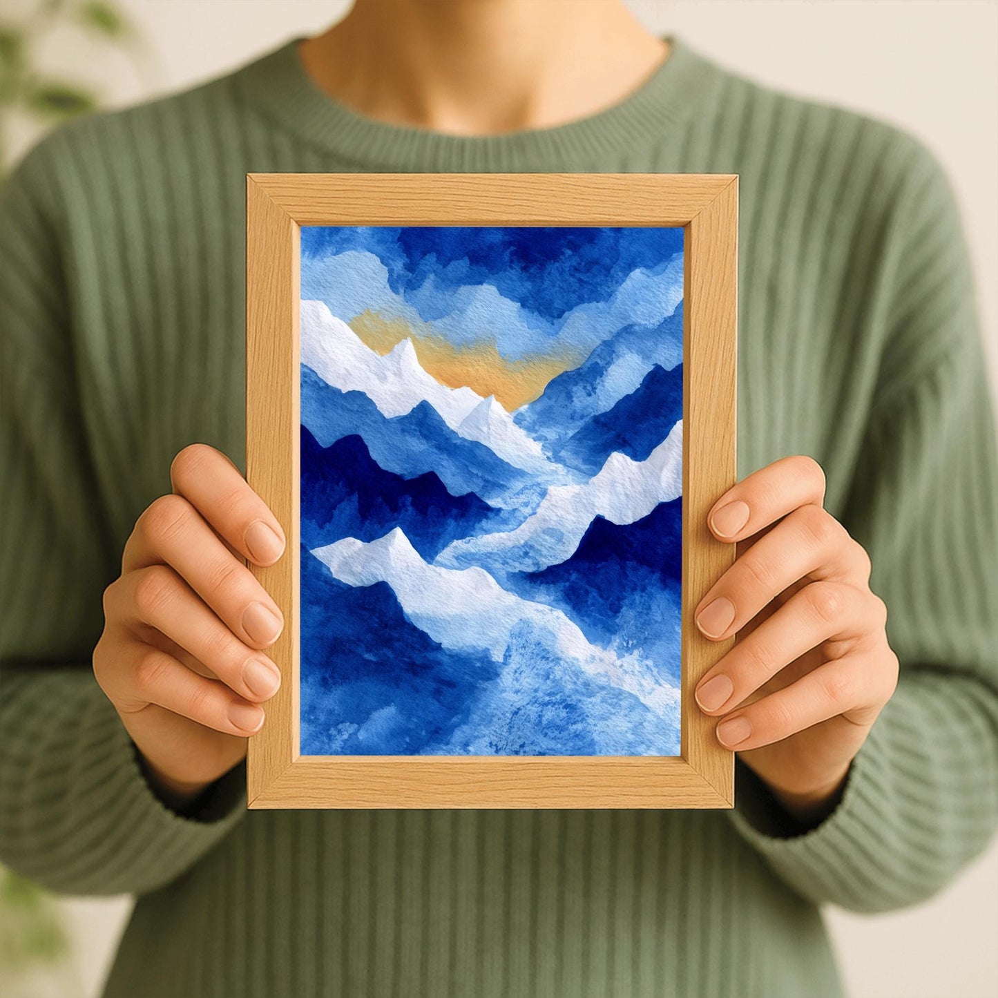 Watercolor Mountain Print, Snowy Landscape Poster, Serene Blue Mountain Art, Nature Wall Decor, Abstract Winter Landscape Rustic Cabin Print