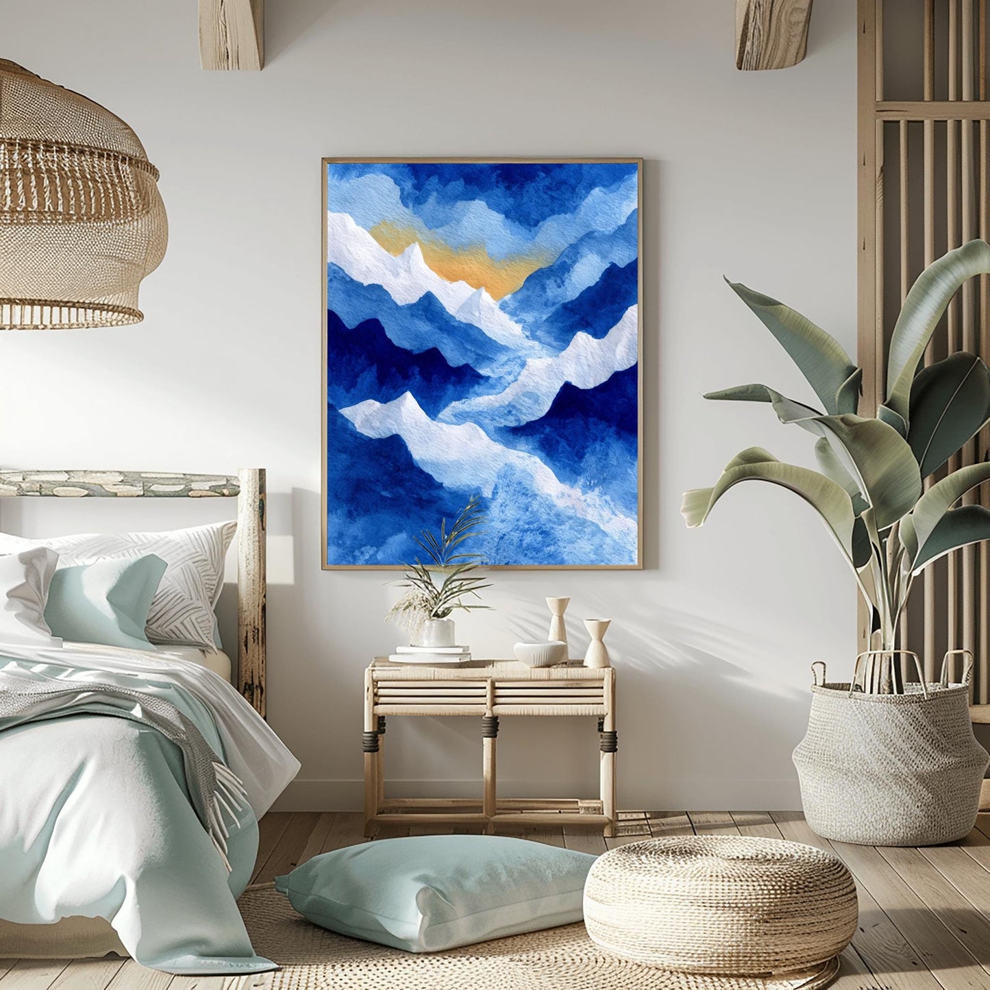 Watercolor Mountain Print, Snowy Landscape Poster, Serene Blue Mountain Art, Nature Wall Decor, Abstract Winter Landscape Rustic Cabin Print