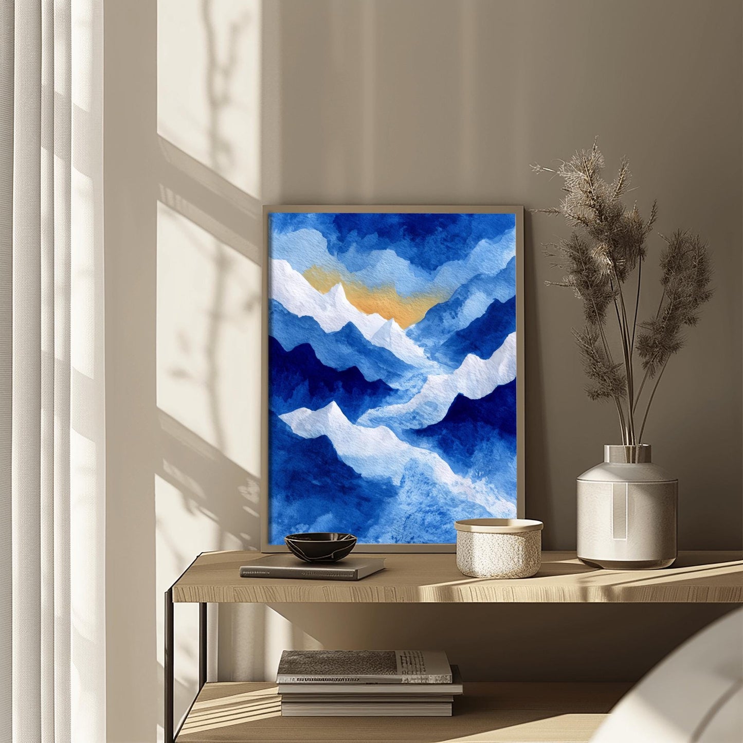 Watercolor Mountain Print, Snowy Landscape Poster, Serene Blue Mountain Art, Nature Wall Decor, Abstract Winter Landscape Rustic Cabin Print