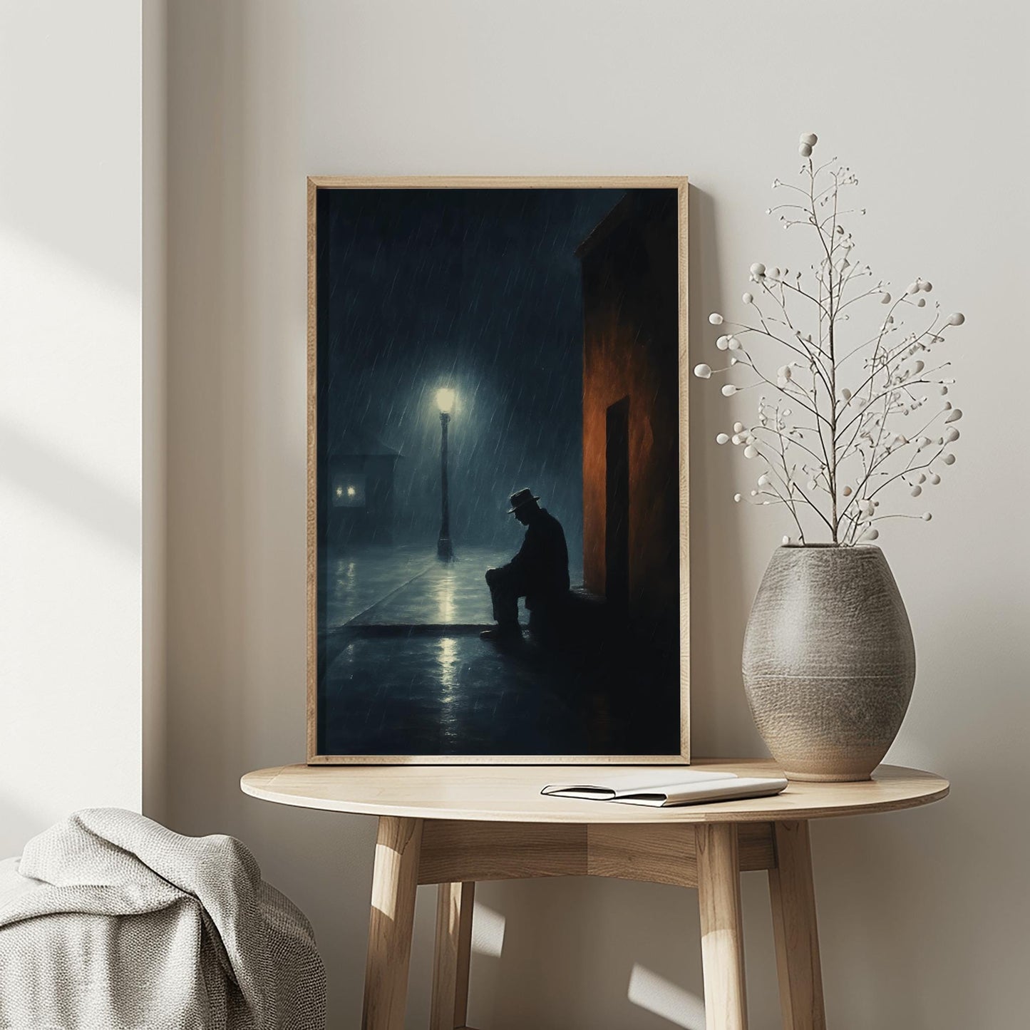 Edward Hopper Art Solitary Figure Print, Rainy Night Streetlamp Poster, Moody Wall Art, Dark Academia Decor