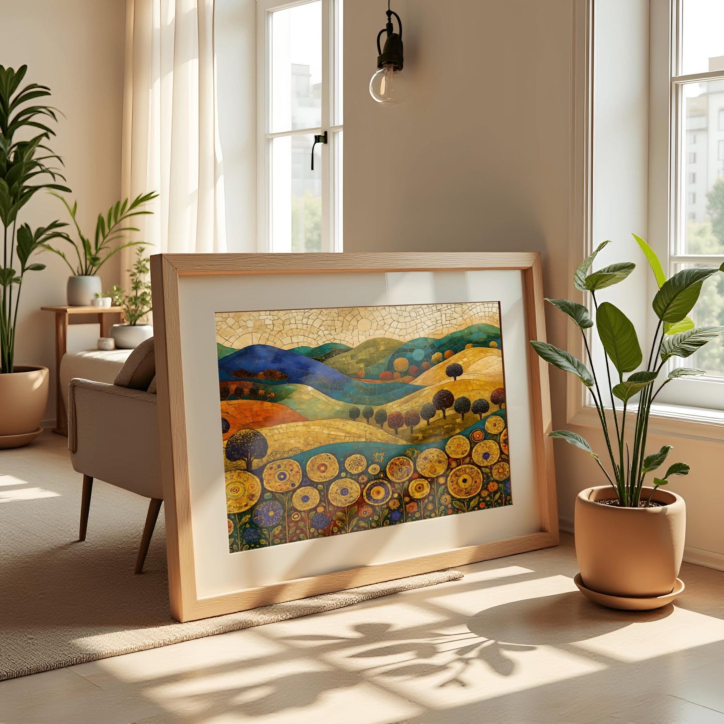 Gustav Klimt Mosaic Art Print – Vibrant Abstract Landscape with Golden Sky, Textured Hills, Unique Wall Decor for Art Lovers