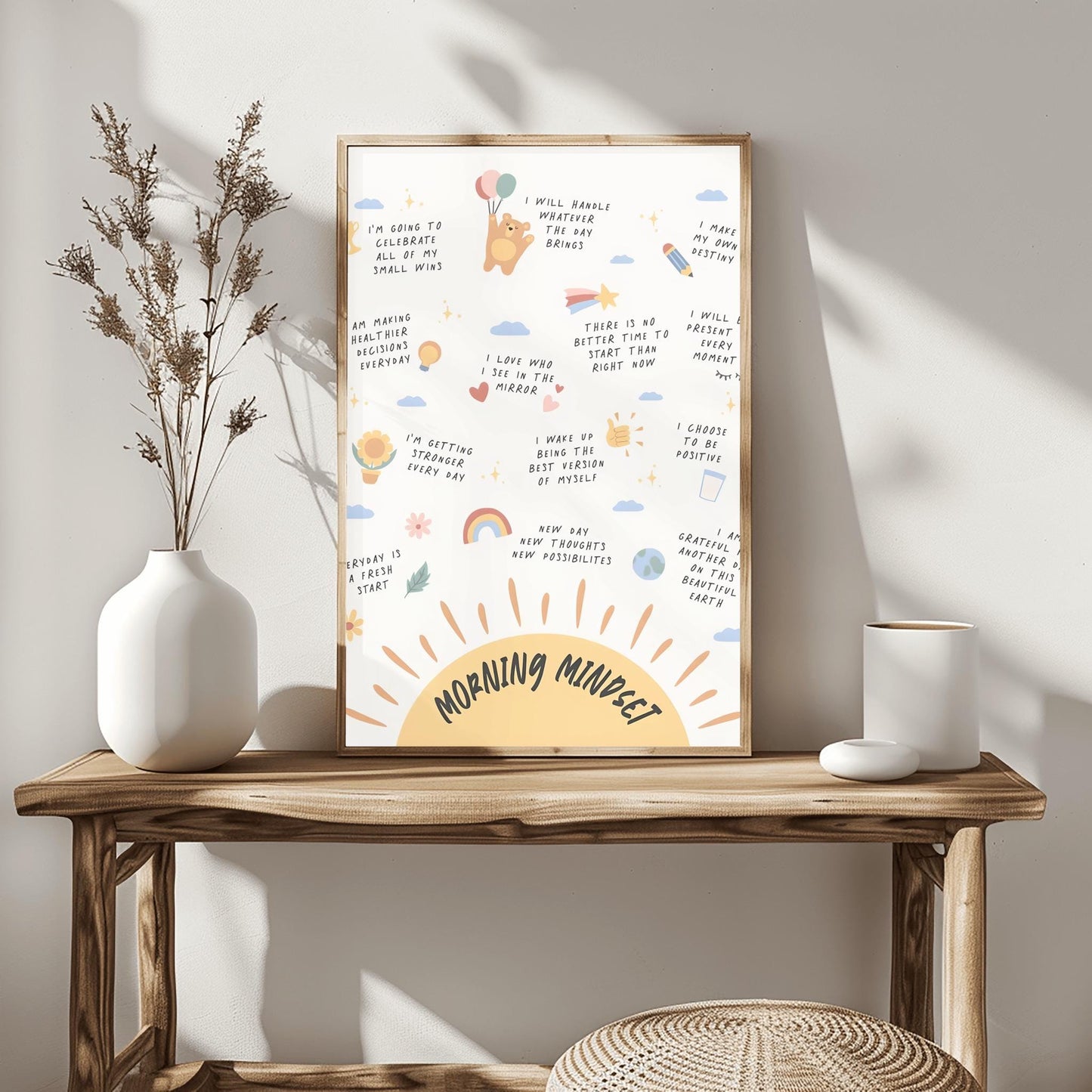 Morning Mindset Poster, Daily Affirmations Print, Self-Care Wall Art, Inspirational Quote Decor, Whimsical Kids Room Art