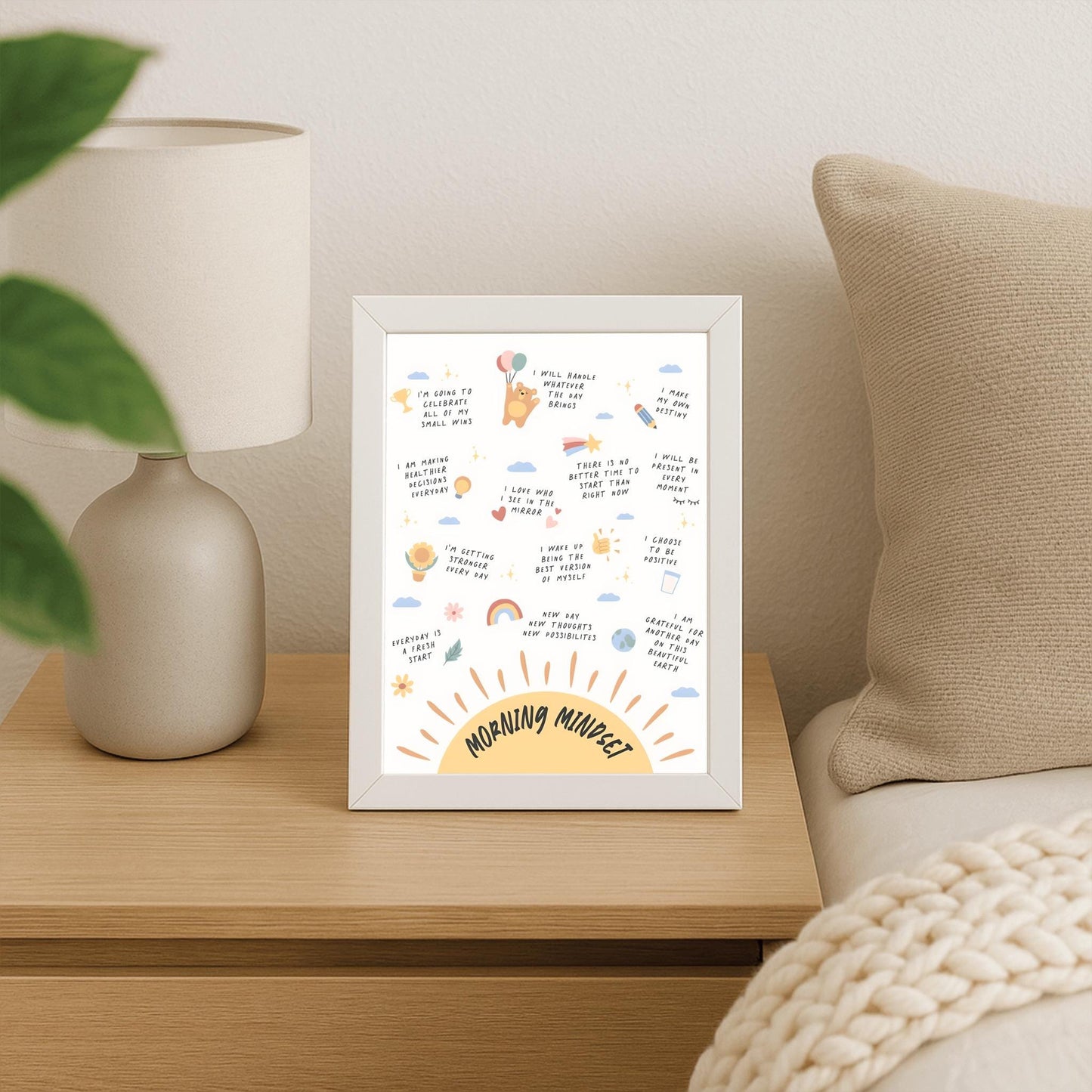 Morning Mindset Poster, Daily Affirmations Print, Self-Care Wall Art, Inspirational Quote Decor, Whimsical Kids Room Art