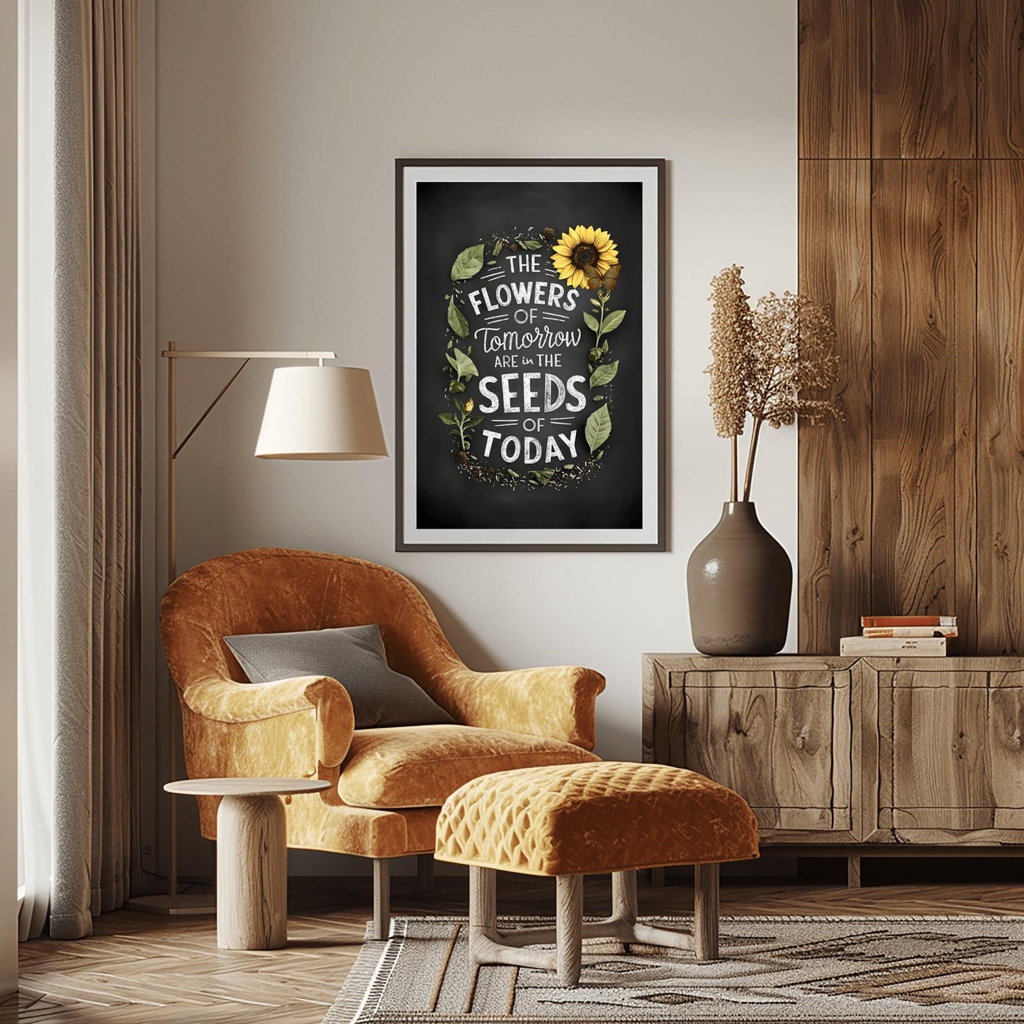 Chalkboard Motivational Poster, 'Seeds of Today' Botanical Print, Farmhouse Style Quote Art, Rustic Home Decor, Gardener Gift