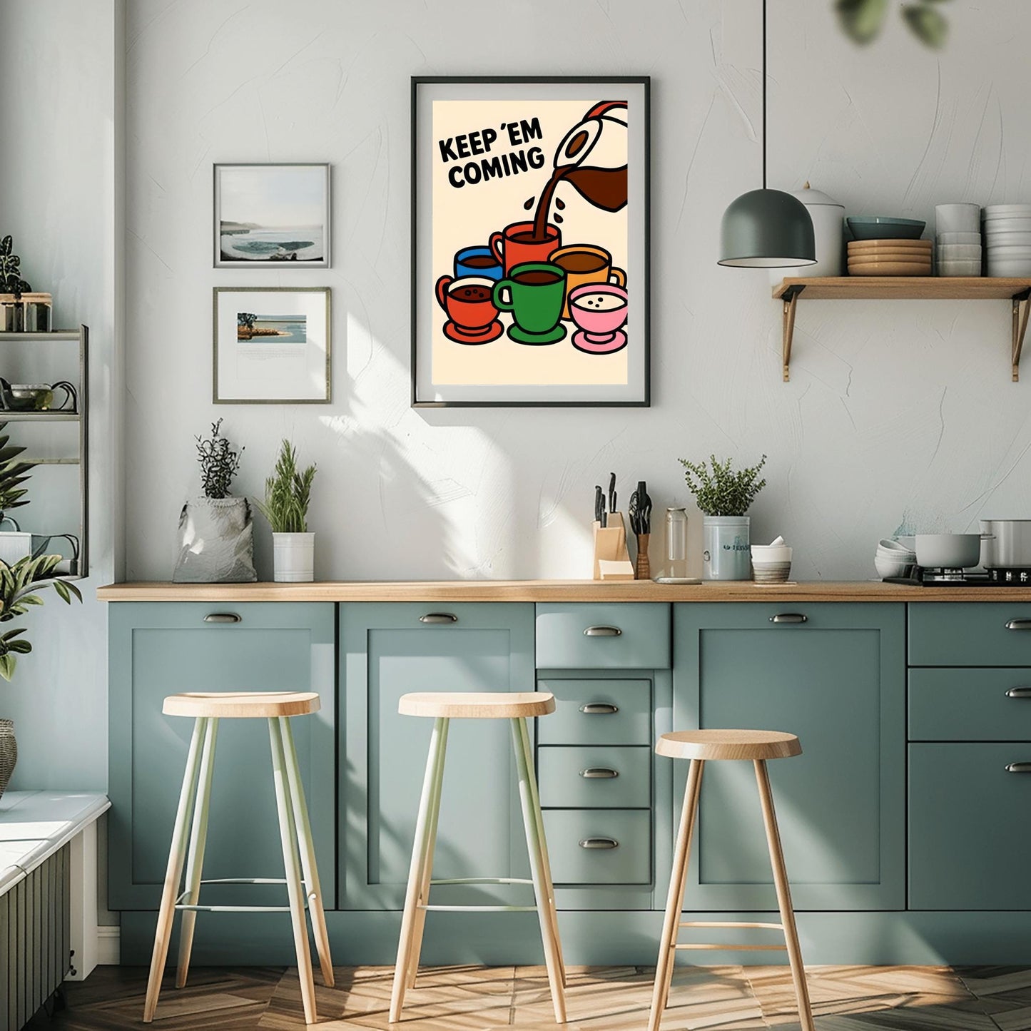Coffee Lover Gift Fun Kitchen Decor "KEEP 'EM COMING", Wall Art Print Fun Coffee Art