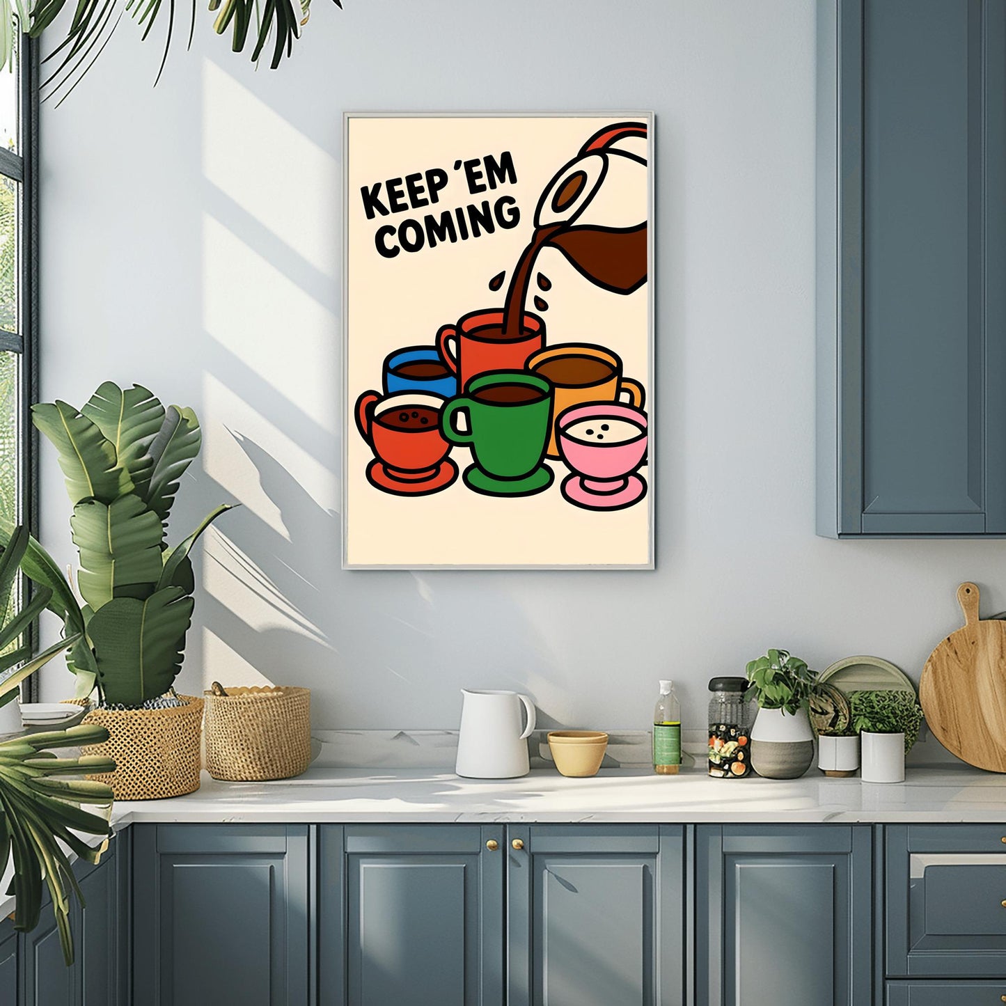 Coffee Lover Gift Fun Kitchen Decor "KEEP 'EM COMING", Wall Art Print Fun Coffee Art