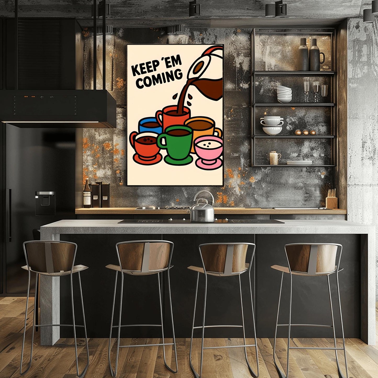 Coffee Lover Gift Fun Kitchen Decor "KEEP 'EM COMING", Wall Art Print Fun Coffee Art