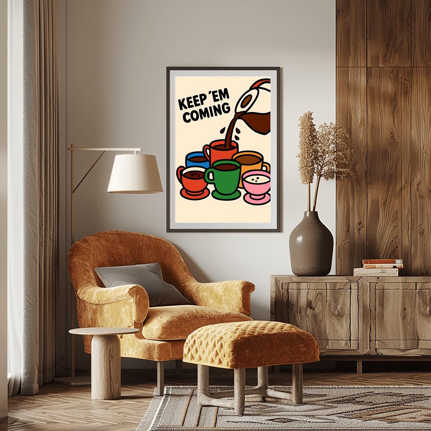 Coffee Lover Gift Fun Kitchen Decor "KEEP 'EM COMING", Wall Art Print Fun Coffee Art