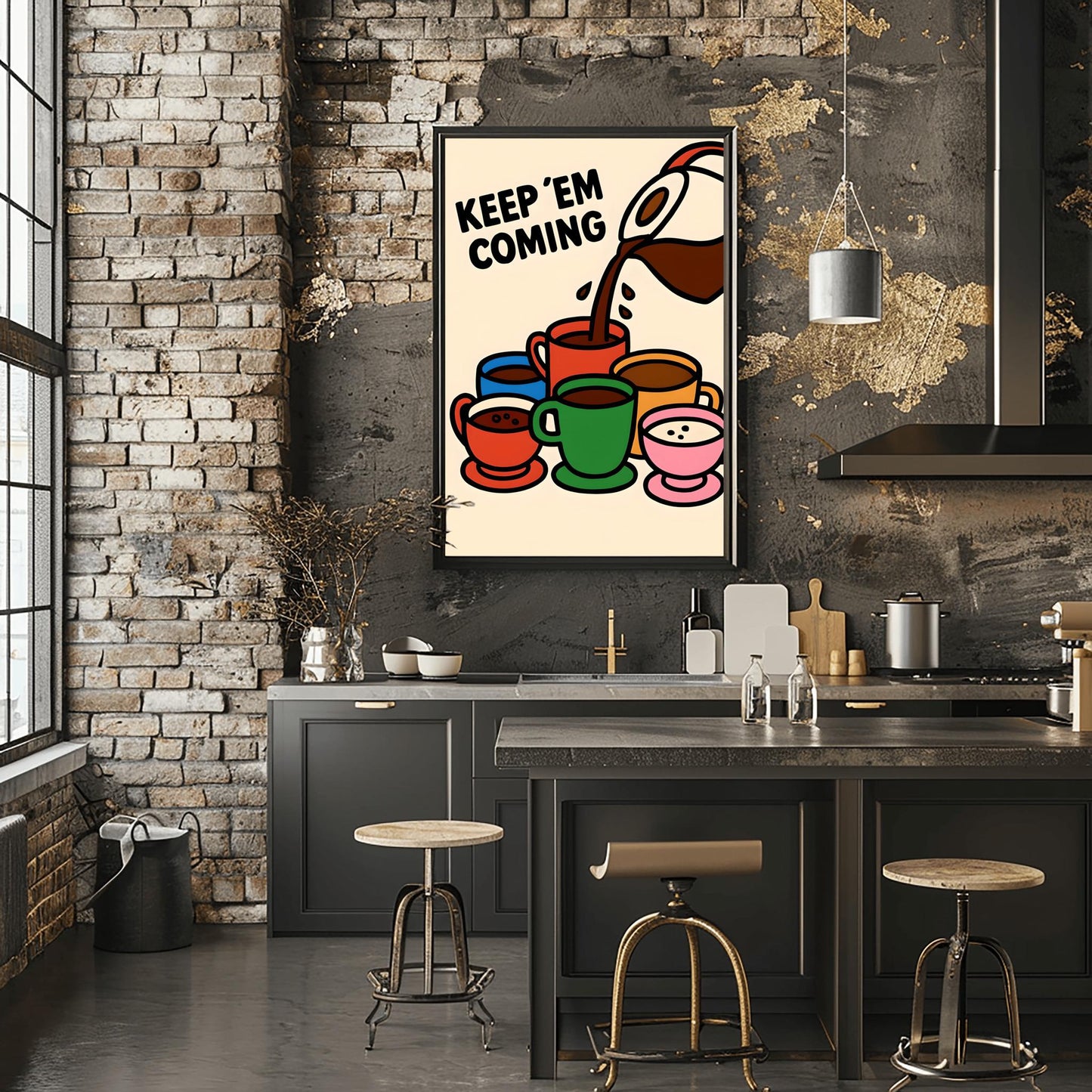 Coffee Lover Gift Fun Kitchen Decor "KEEP 'EM COMING", Wall Art Print Fun Coffee Art
