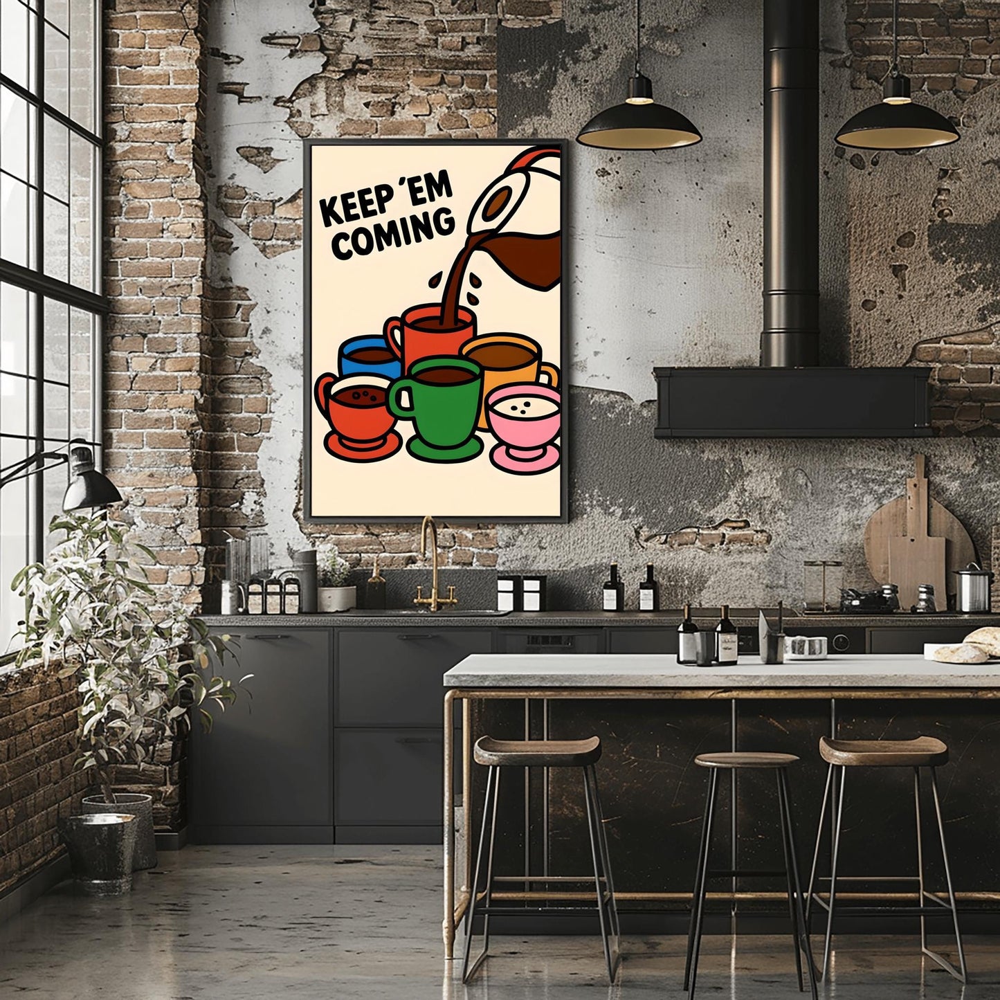 Coffee Lover Gift Fun Kitchen Decor "KEEP 'EM COMING", Wall Art Print Fun Coffee Art